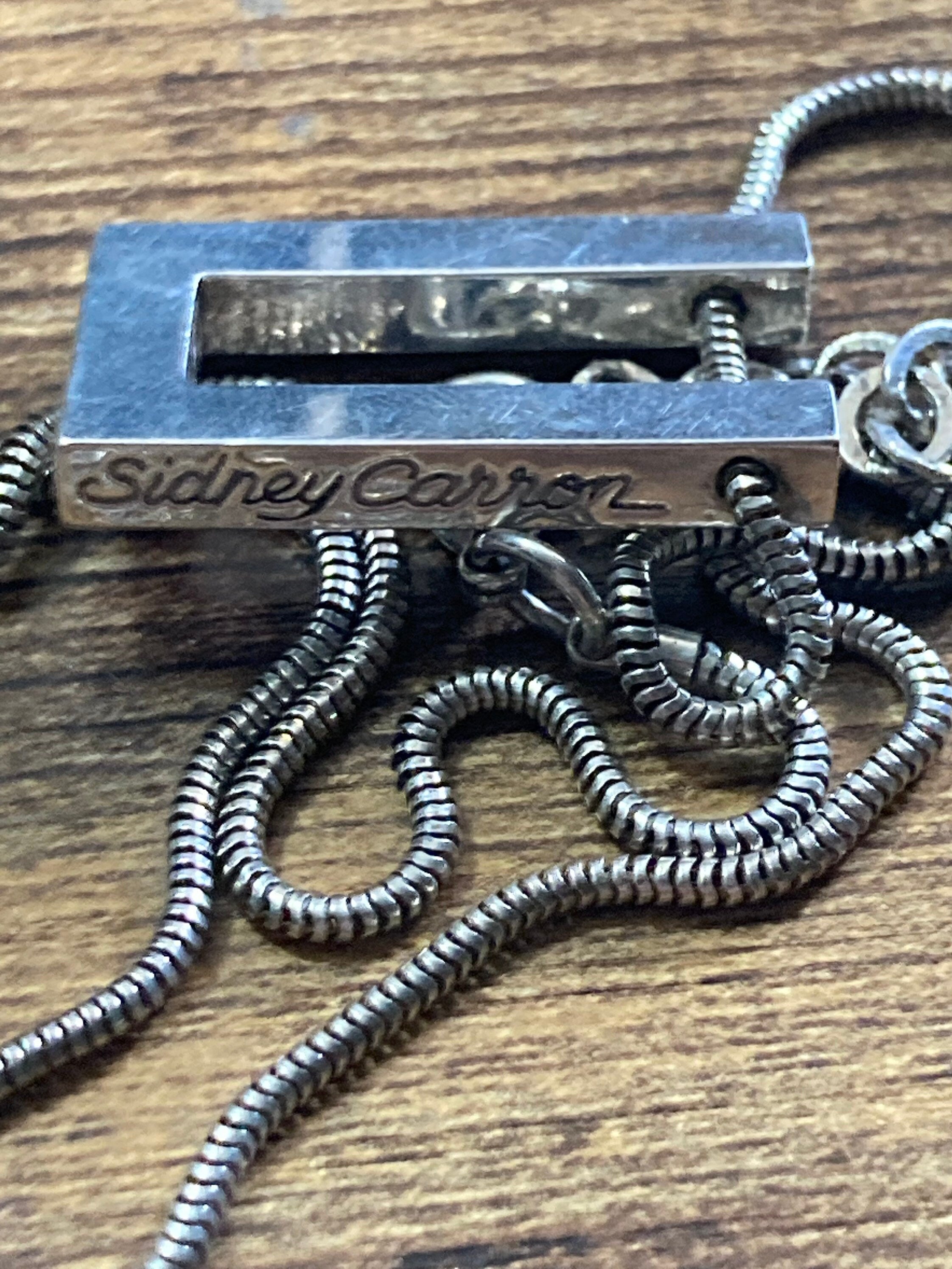 Signed SIDNEY CARRON Paris silver tone pendant and chain French designer minimalist