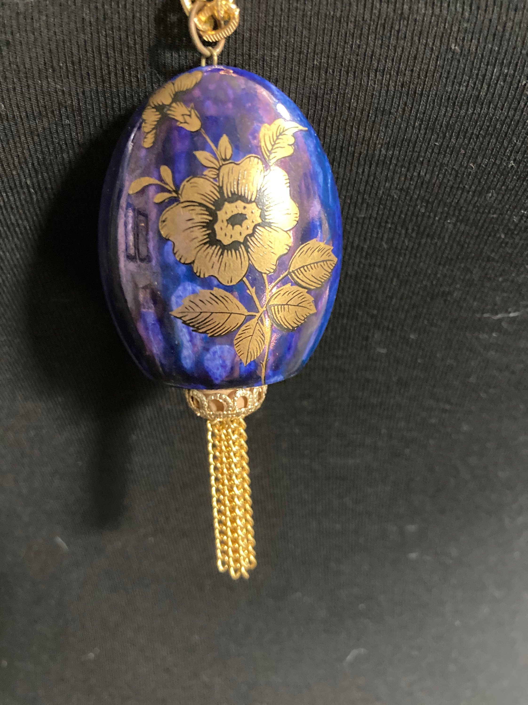 blue ceramic Pomander Pendant Necklace gold transfer printed ornate Vintage 1970s