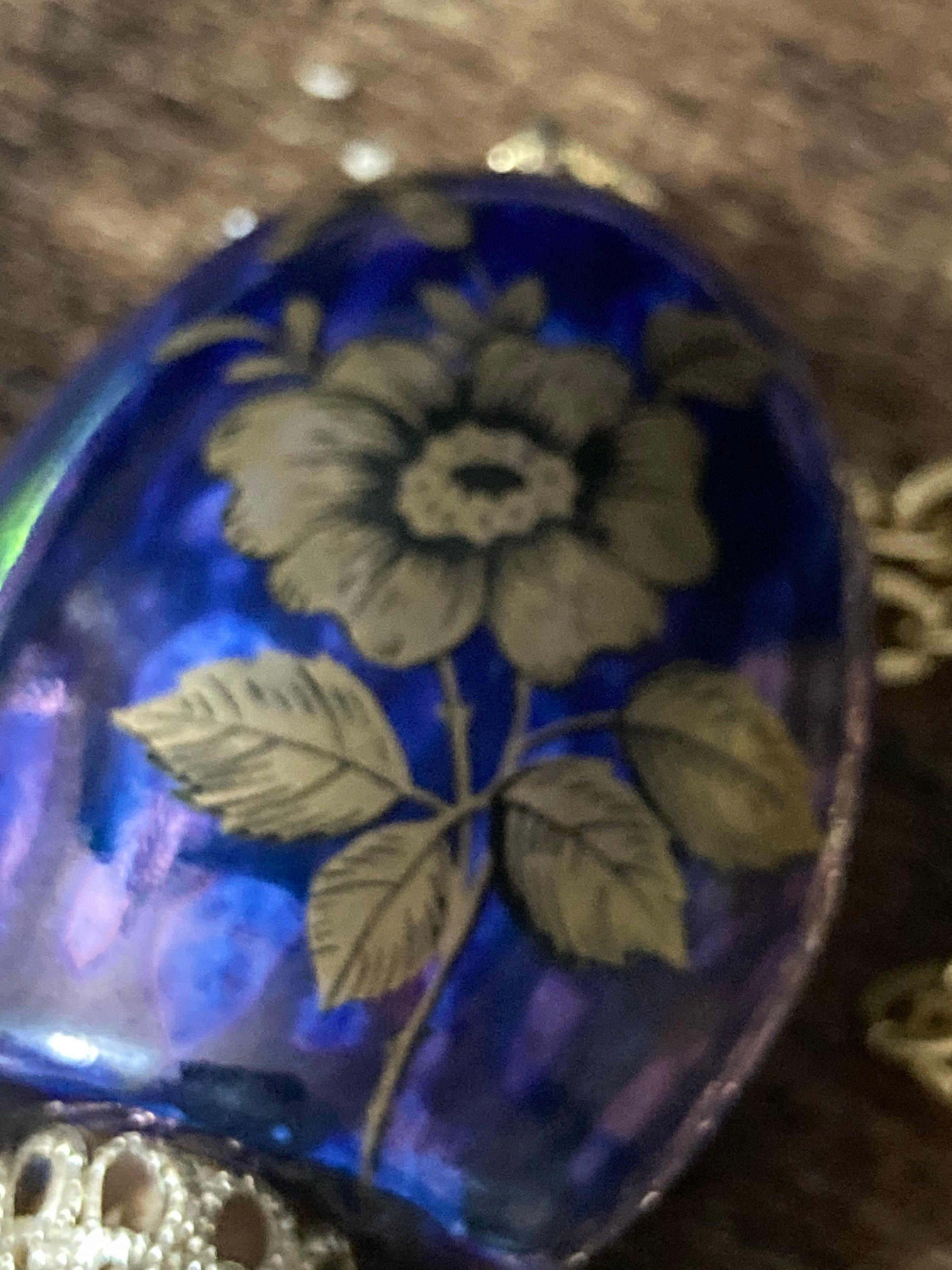 blue ceramic Pomander Pendant Necklace gold transfer printed ornate Vintage 1970s