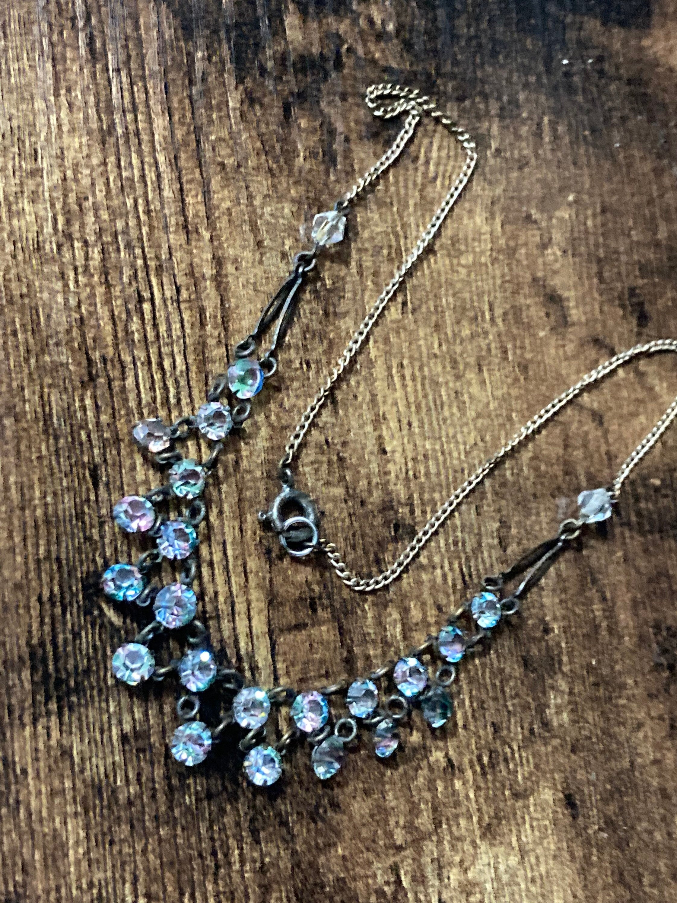 Petite 38cm iris glass necklace open back crystal diamanté paste dainty Vintage Art Deco