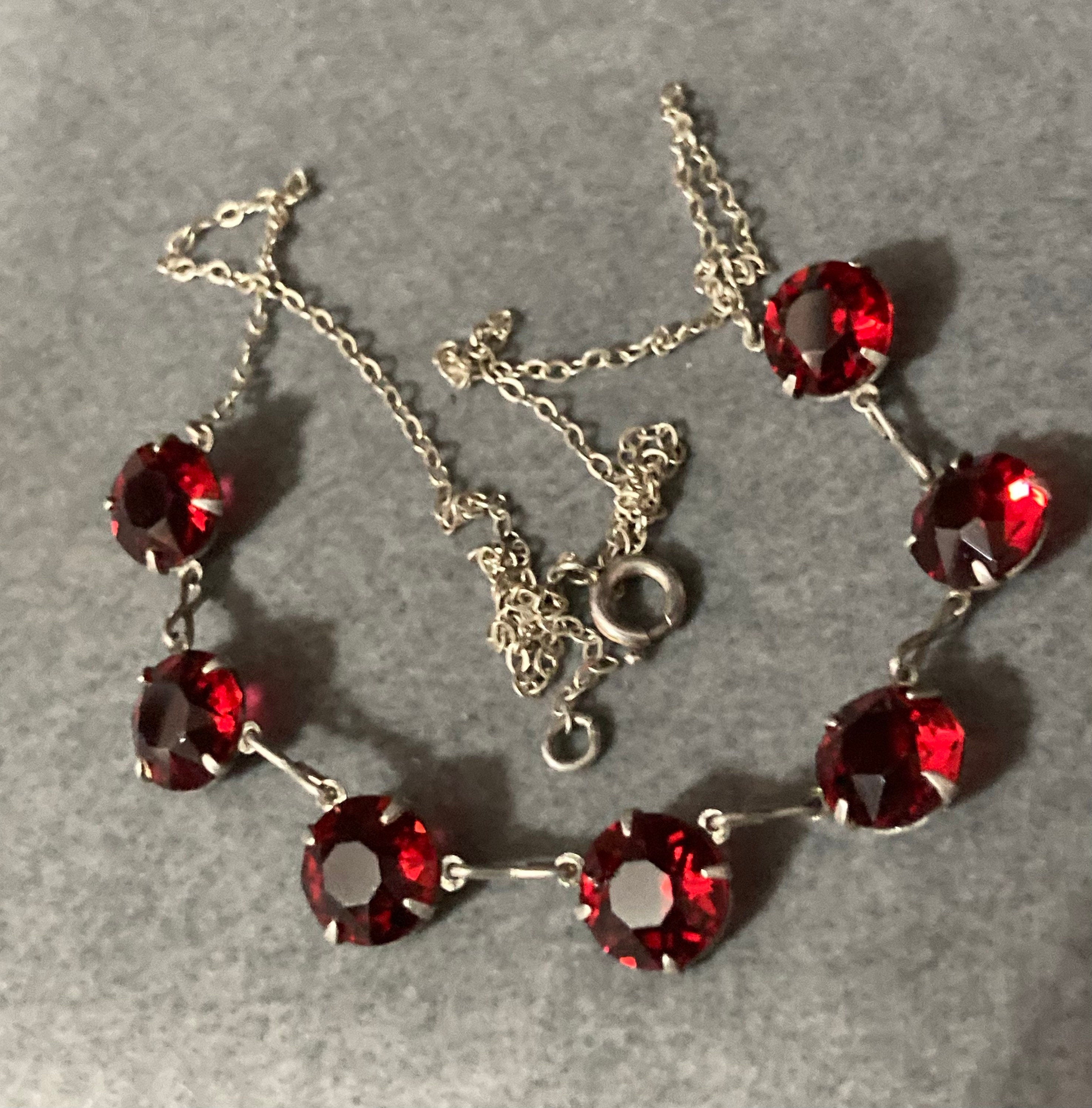 Ruby red Czech necklace Sterling silver Art Deco Open Back crystal stones