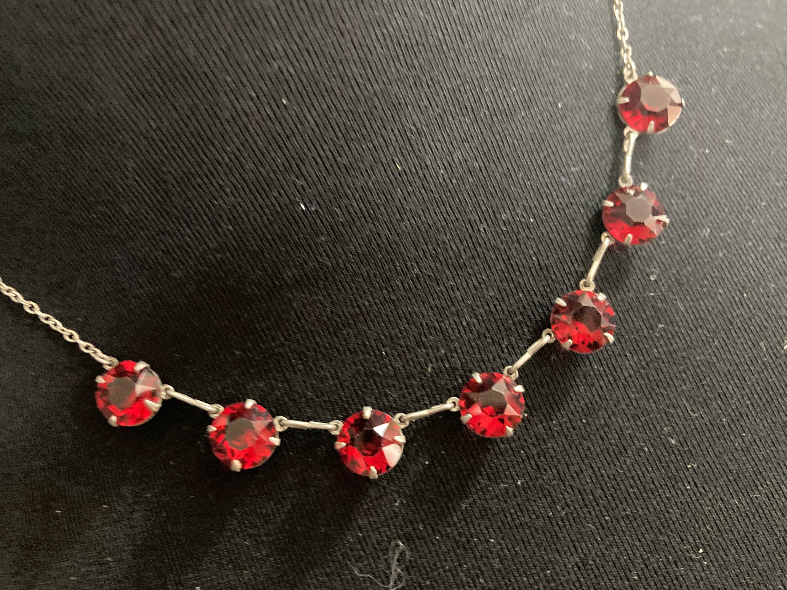 Ruby red Czech necklace Sterling silver Art Deco Open Back crystal stones