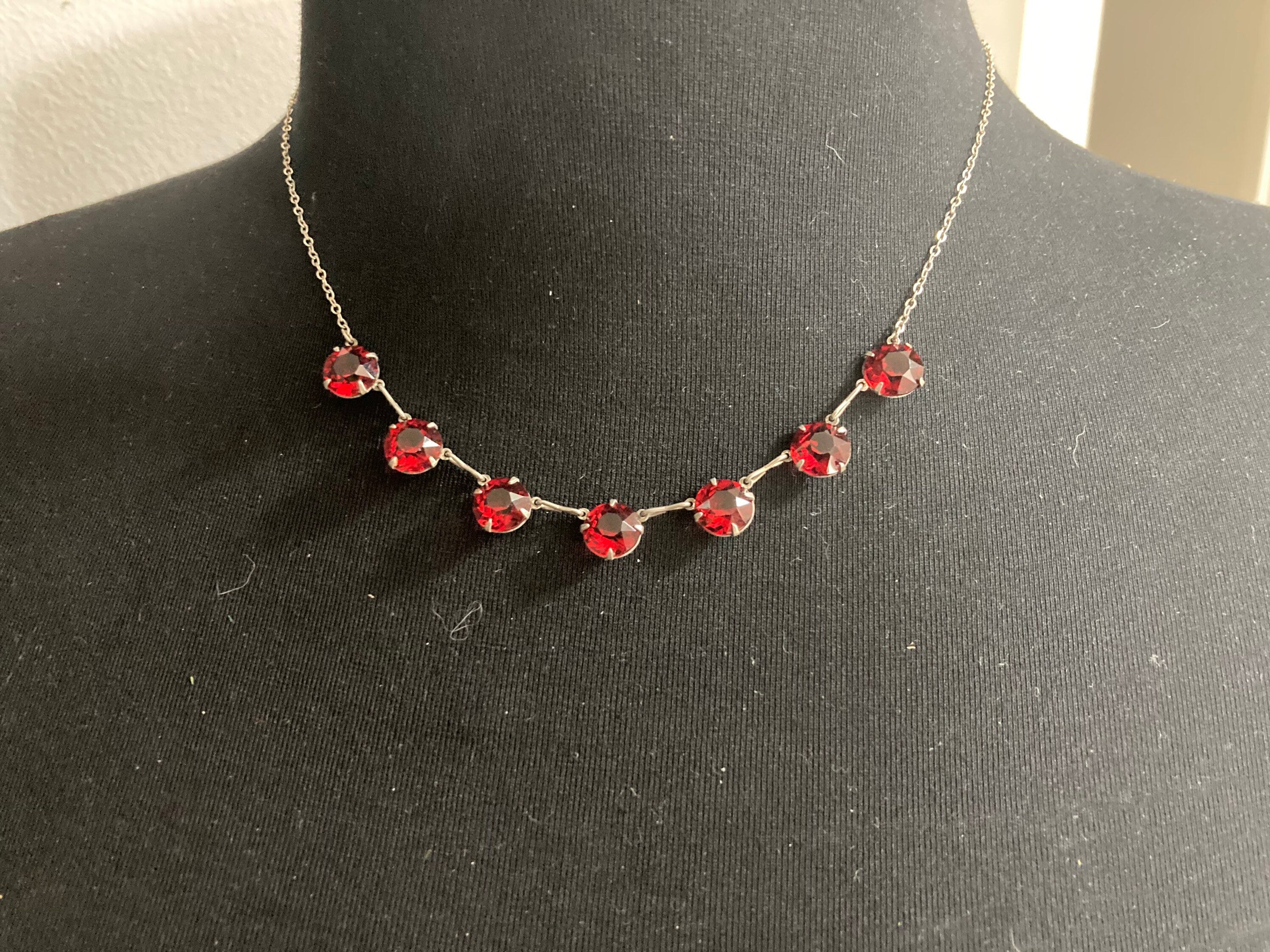 Ruby red Czech necklace Sterling silver Art Deco Open Back crystal stones