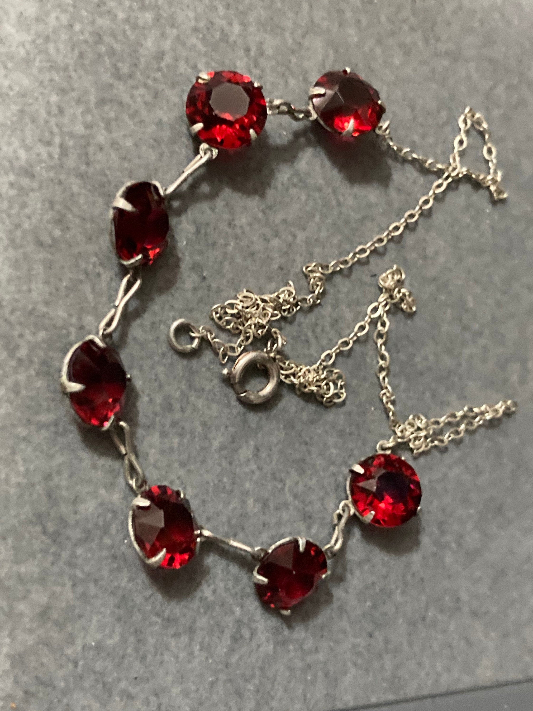 Ruby red Czech necklace Sterling silver Art Deco Open Back crystal stones
