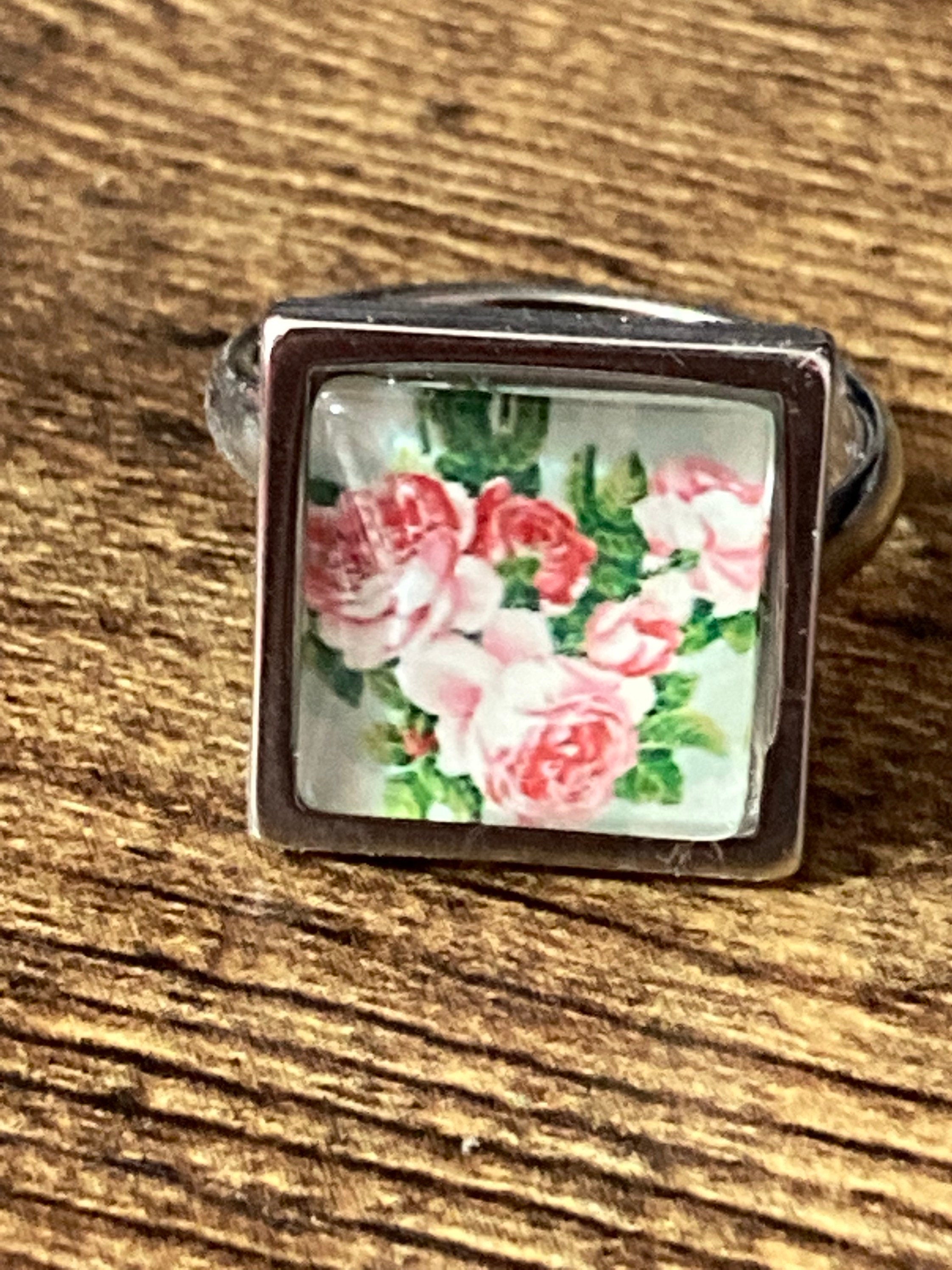 Garden roses glass dress ring 14mm square pink green floral glass cabochon handmade silver tone adjustable