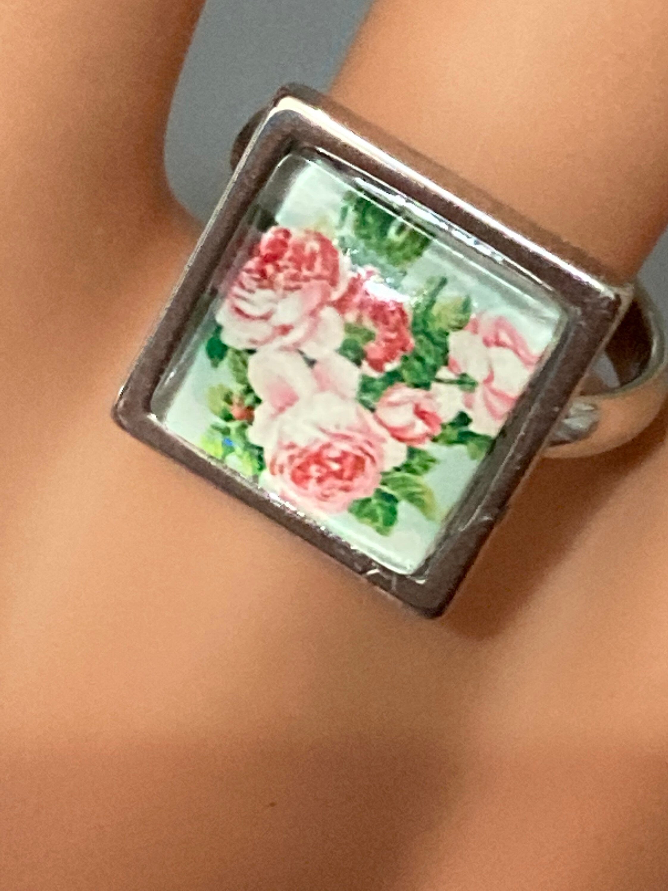 Garden roses glass dress ring 14mm square pink green floral glass cabochon handmade silver tone adjustable