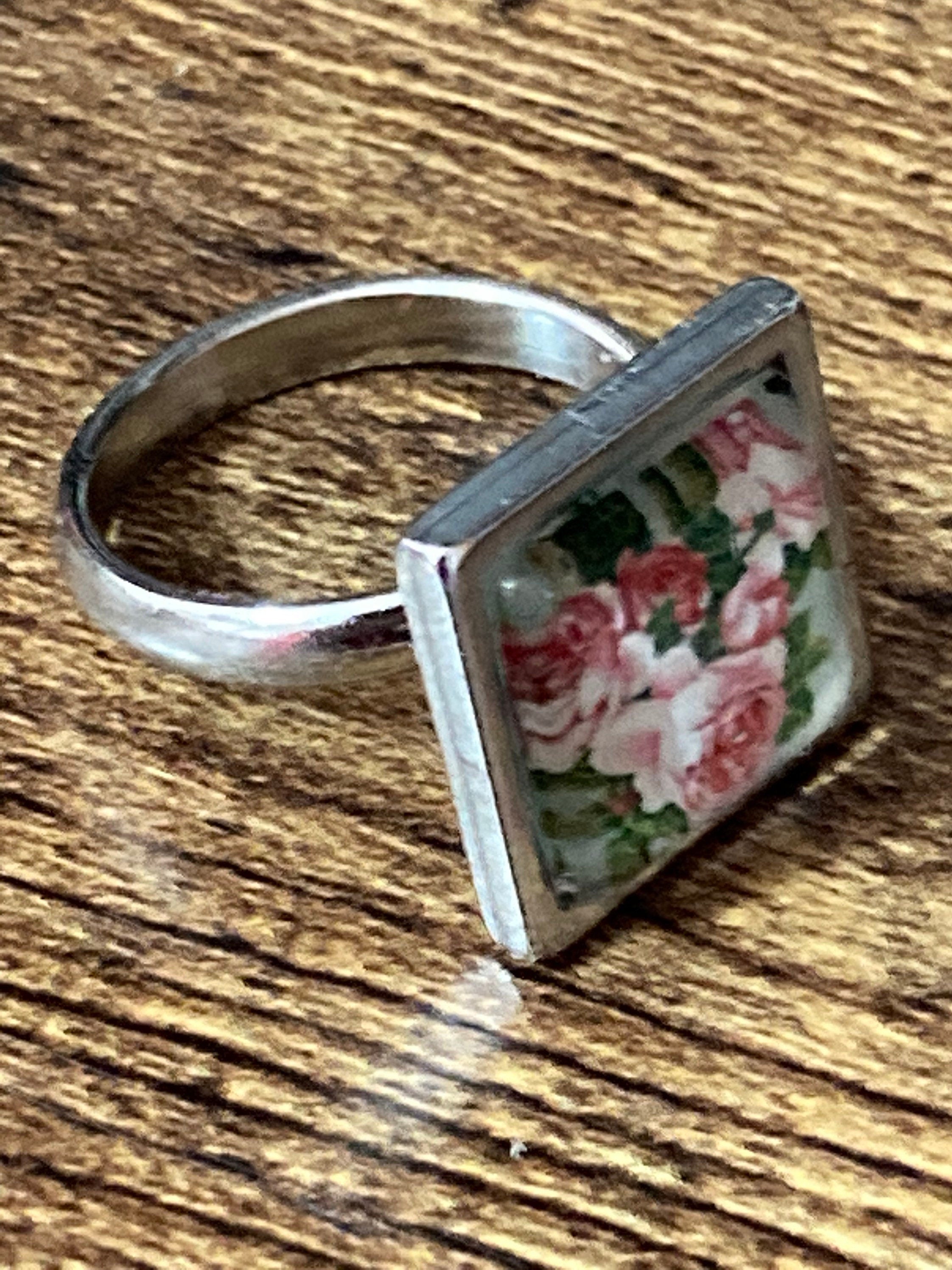 Garden roses glass dress ring 14mm square pink green floral glass cabochon handmade silver tone adjustable