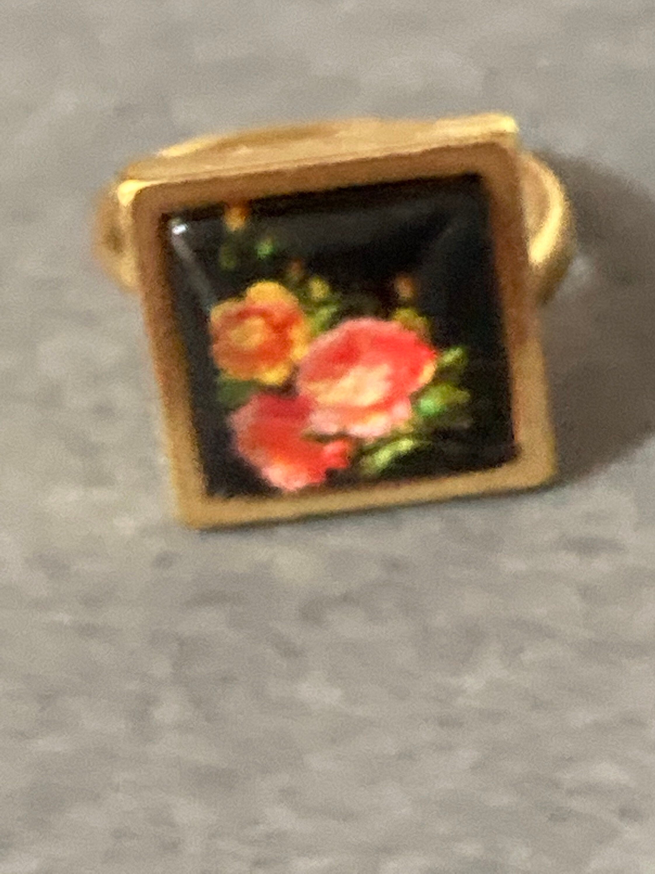 Handmade Garden Rose Ring: Floral Glass Cabochon, Gold Tone Adjustable Dress Ring