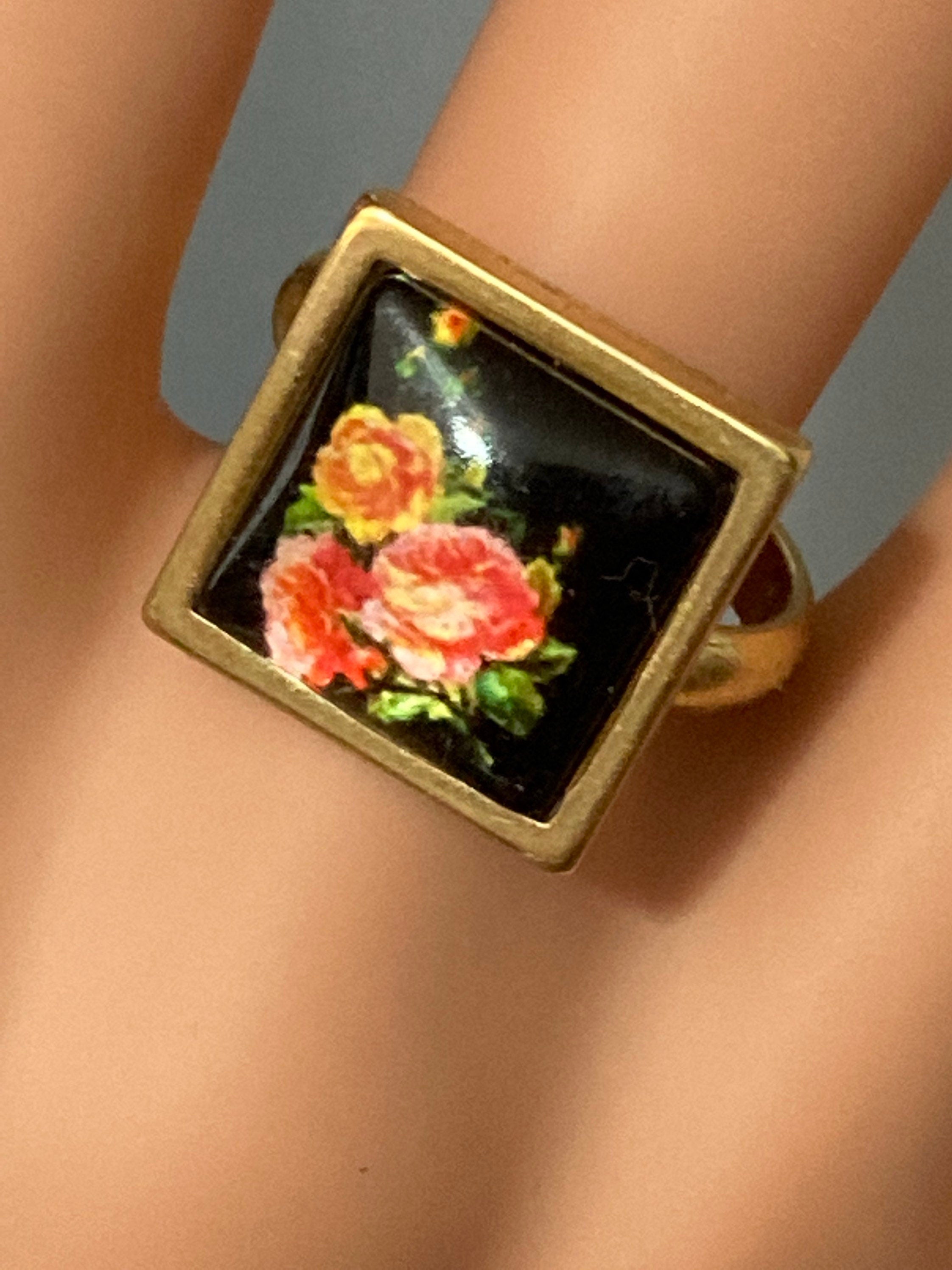 Handmade Garden Rose Ring: Floral Glass Cabochon, Gold Tone Adjustable Dress Ring