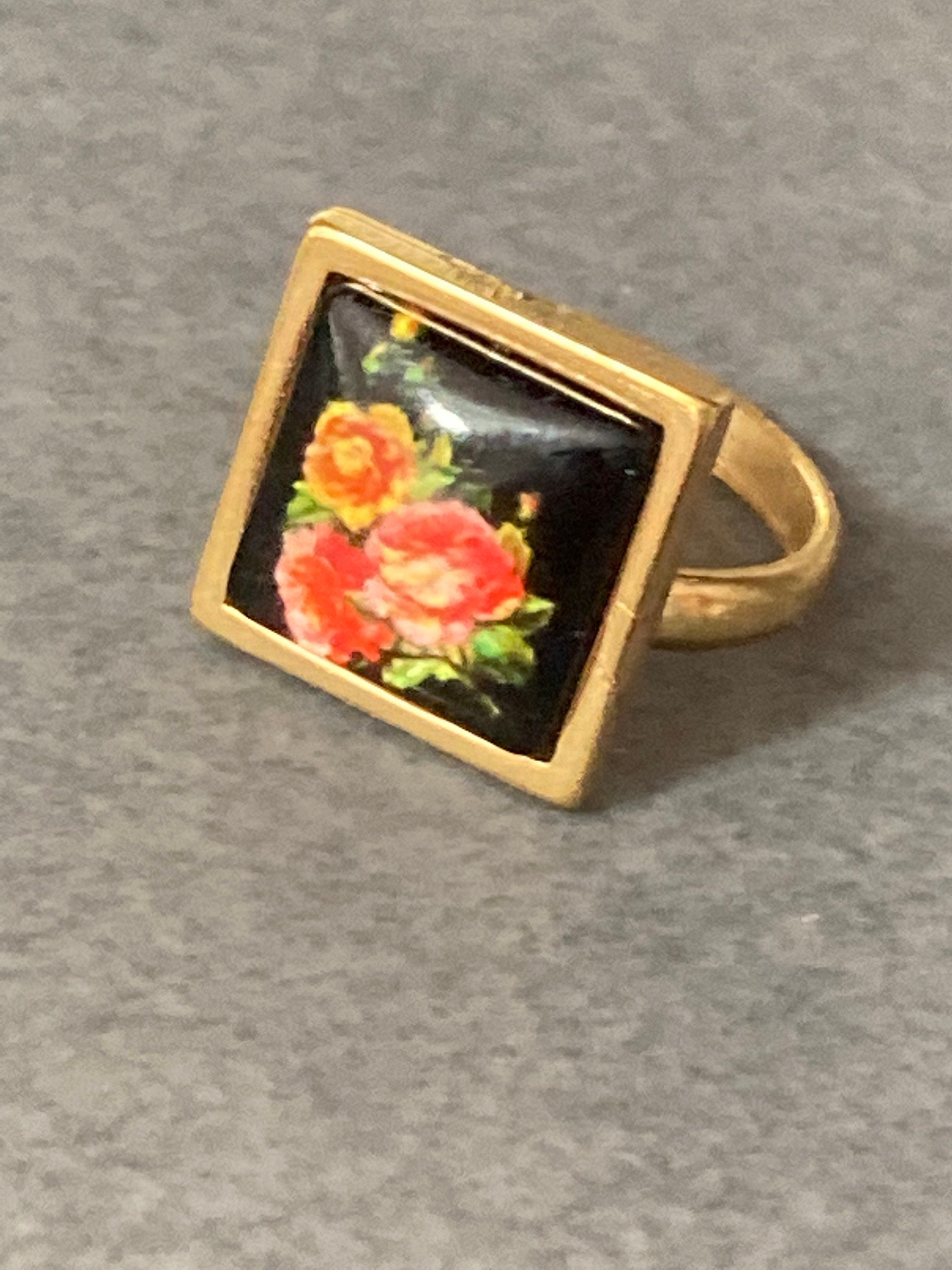 Handmade Garden Rose Ring: Floral Glass Cabochon, Gold Tone Adjustable Dress Ring