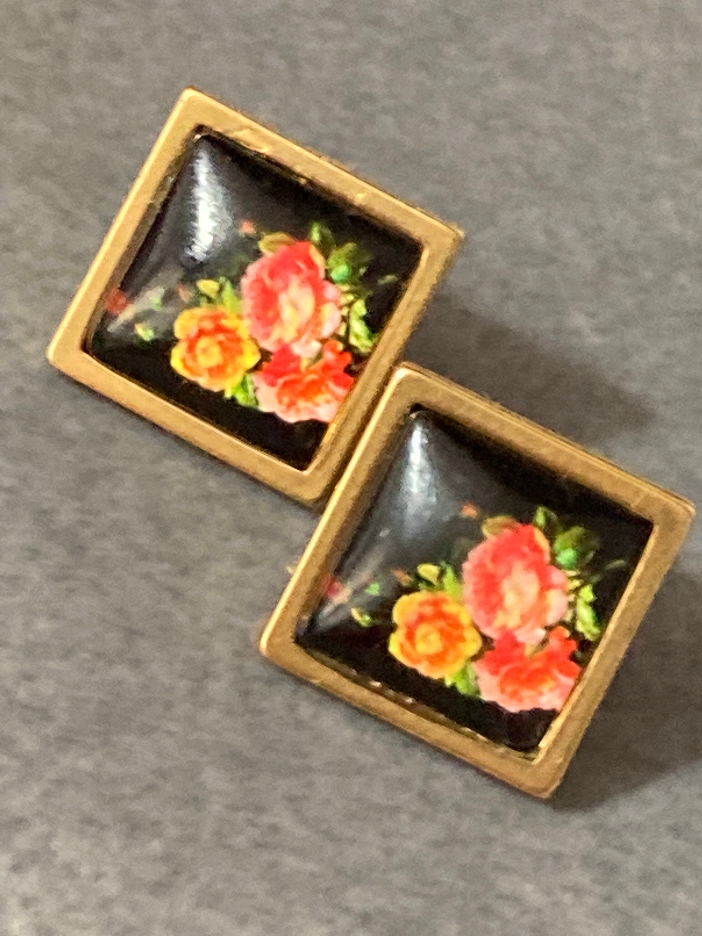 Handmade Floral Stud Earrings: Garden Roses, Gold Tone, 14mm