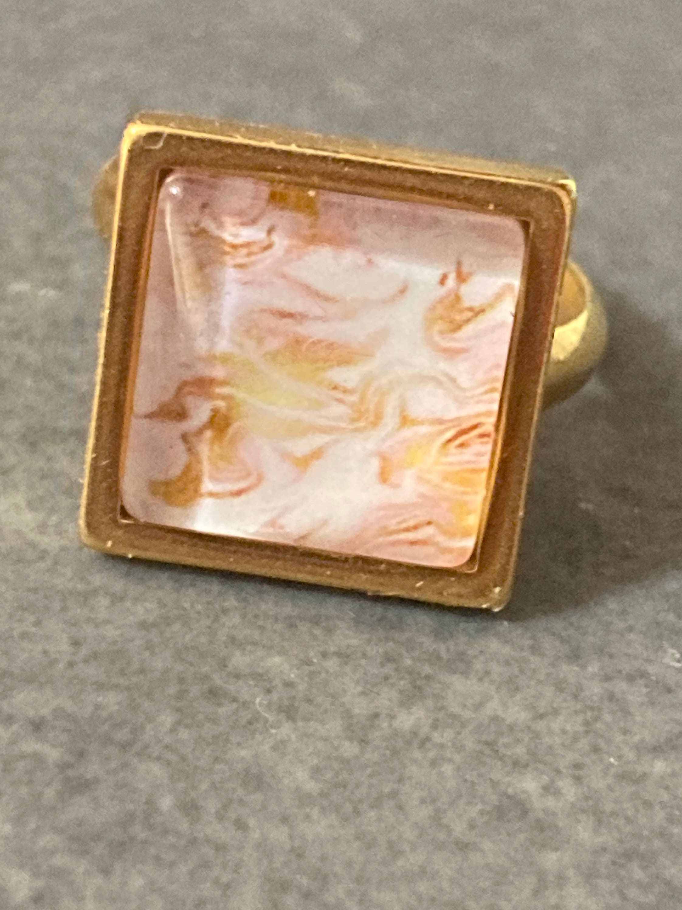 Handmade Pink Marble Dress Ring: Gold Tone Adjustable Square Cabochon