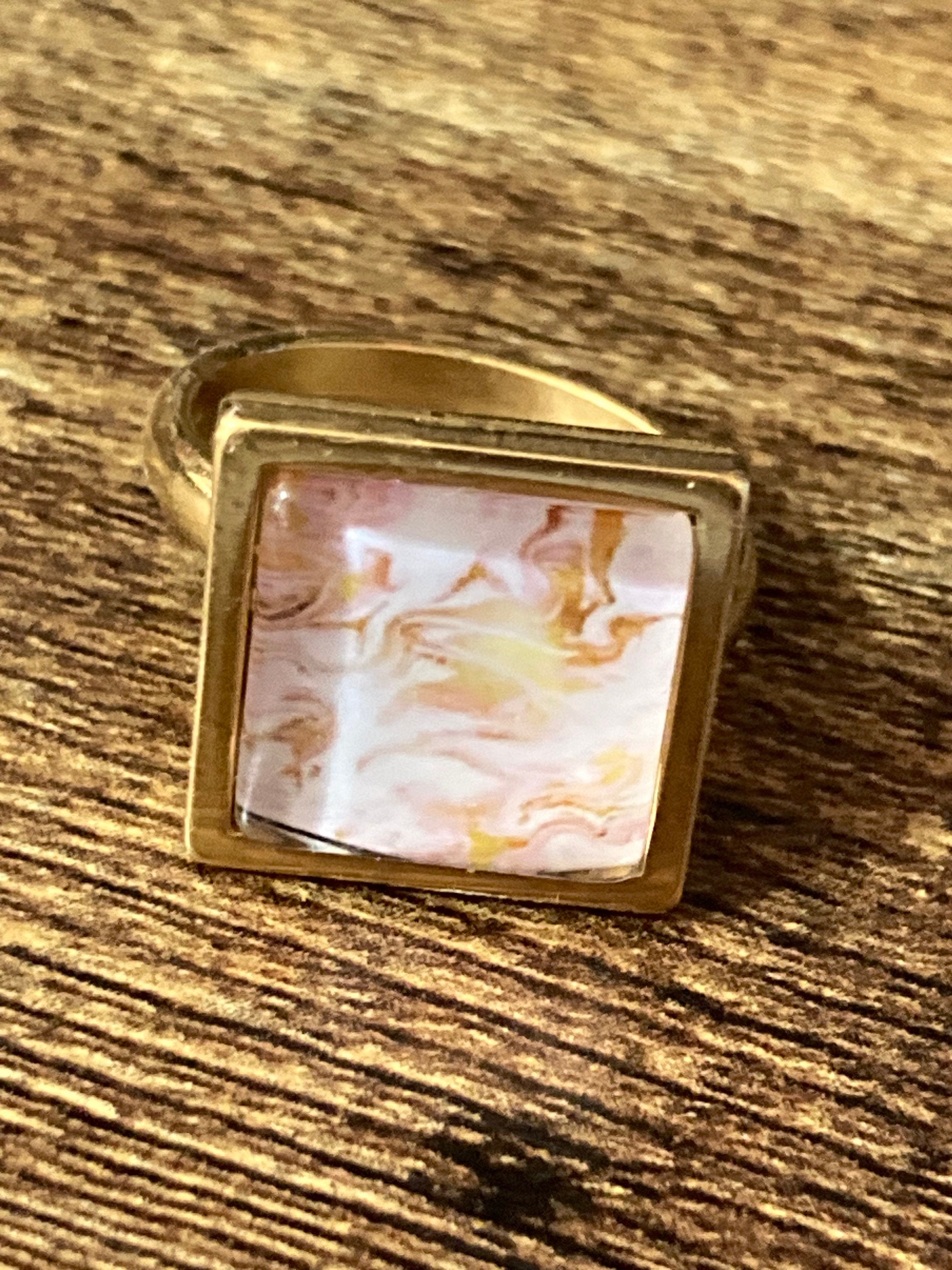 Handmade Pink Marble Dress Ring: Gold Tone Adjustable Square Cabochon