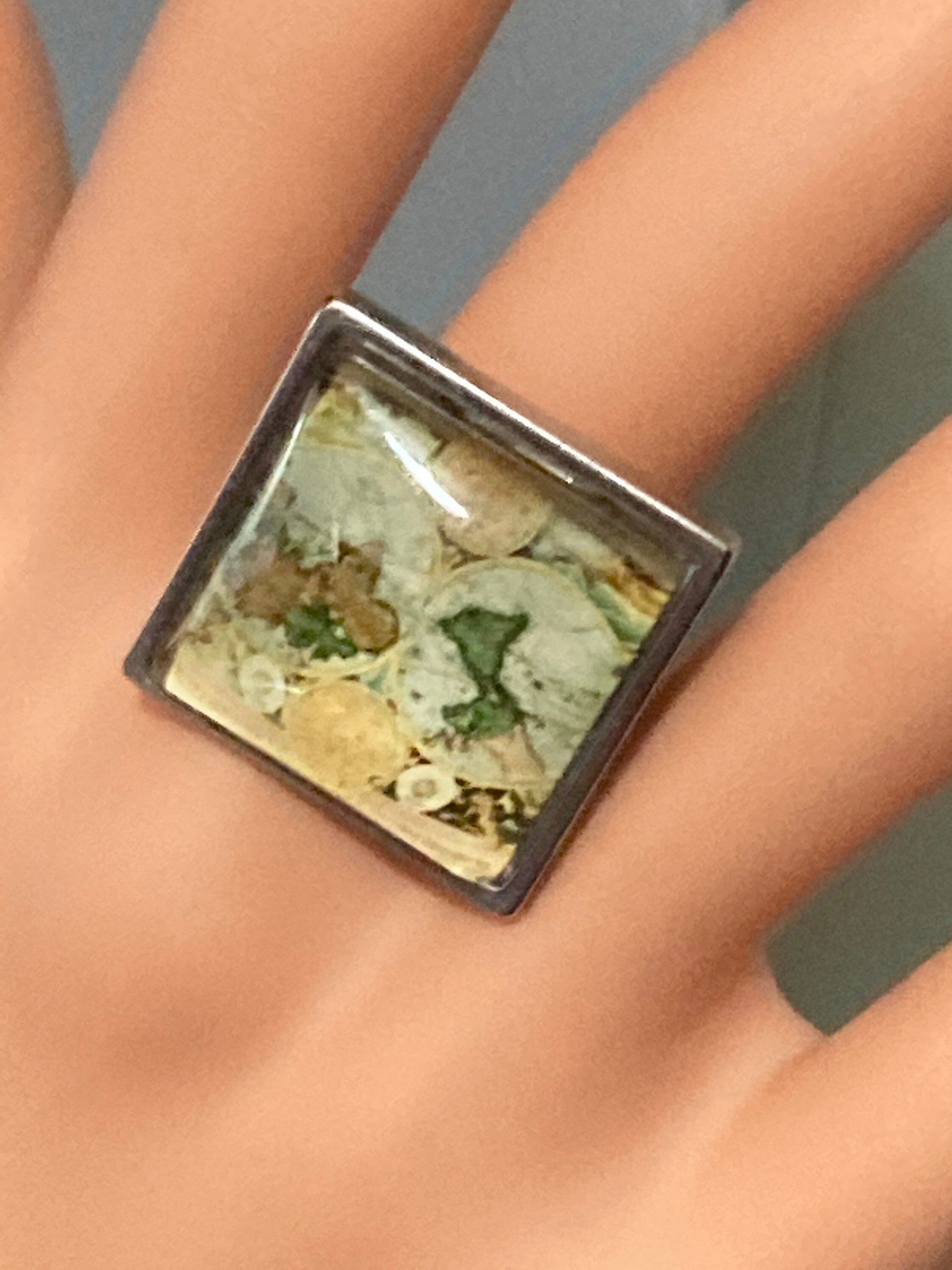 Old world map oversized ring silver tone 2cm square glass cabochon adjustable size