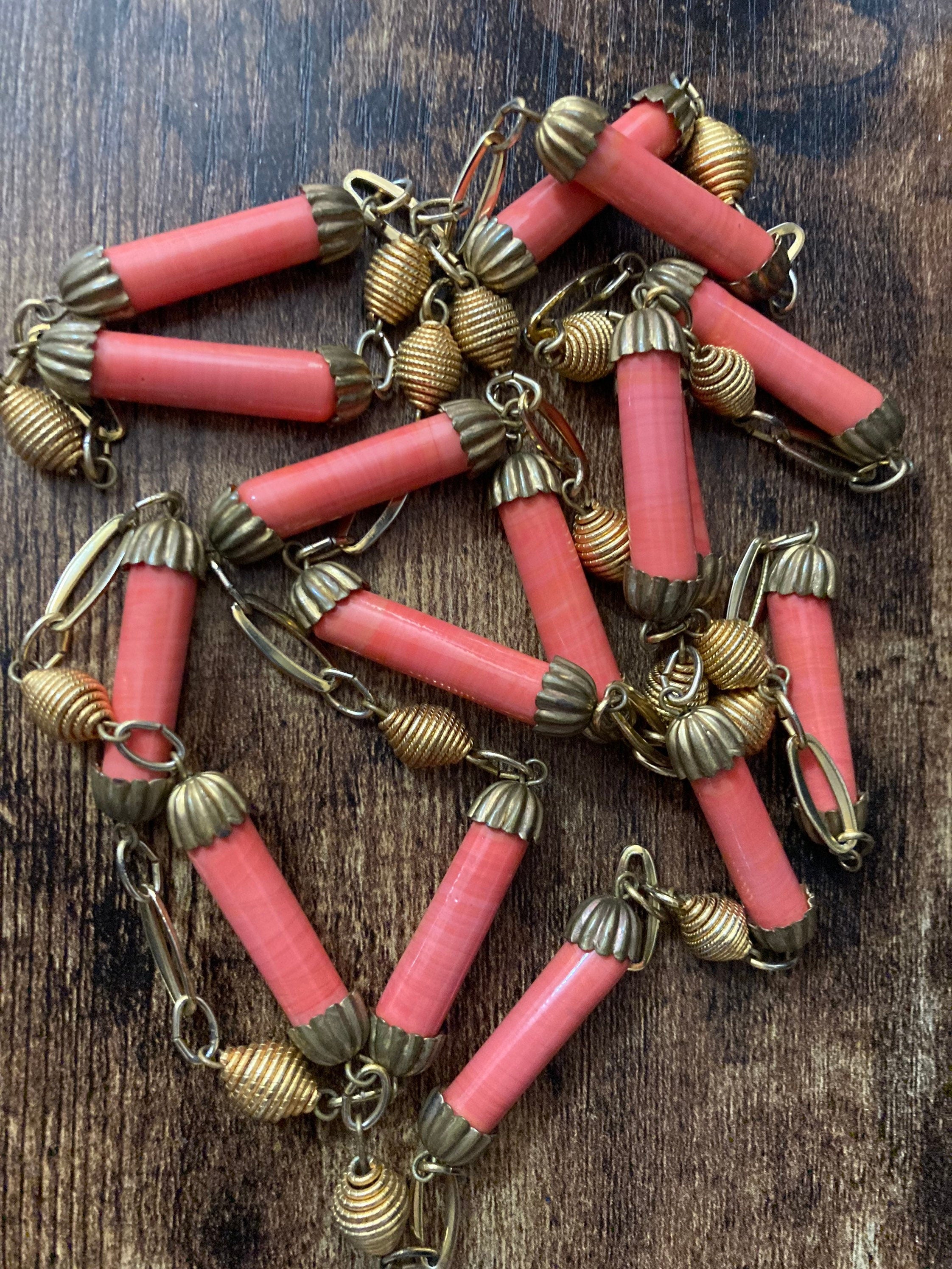 ceramic gold tone coral pink beaded flapper length station necklace 140cm long