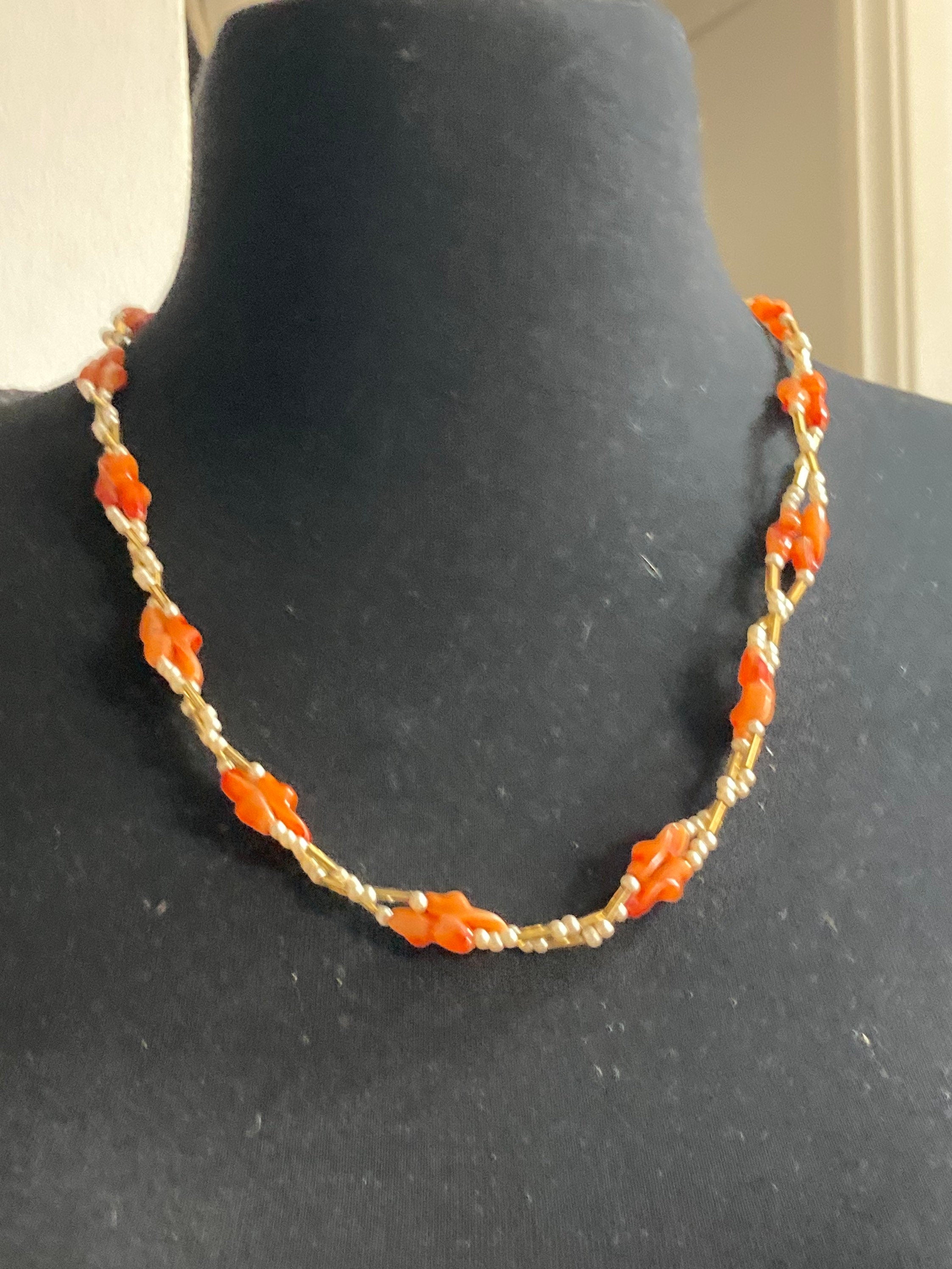 gold tone faux Pearl orange plastic beaded mid length link station necklace 62cm long