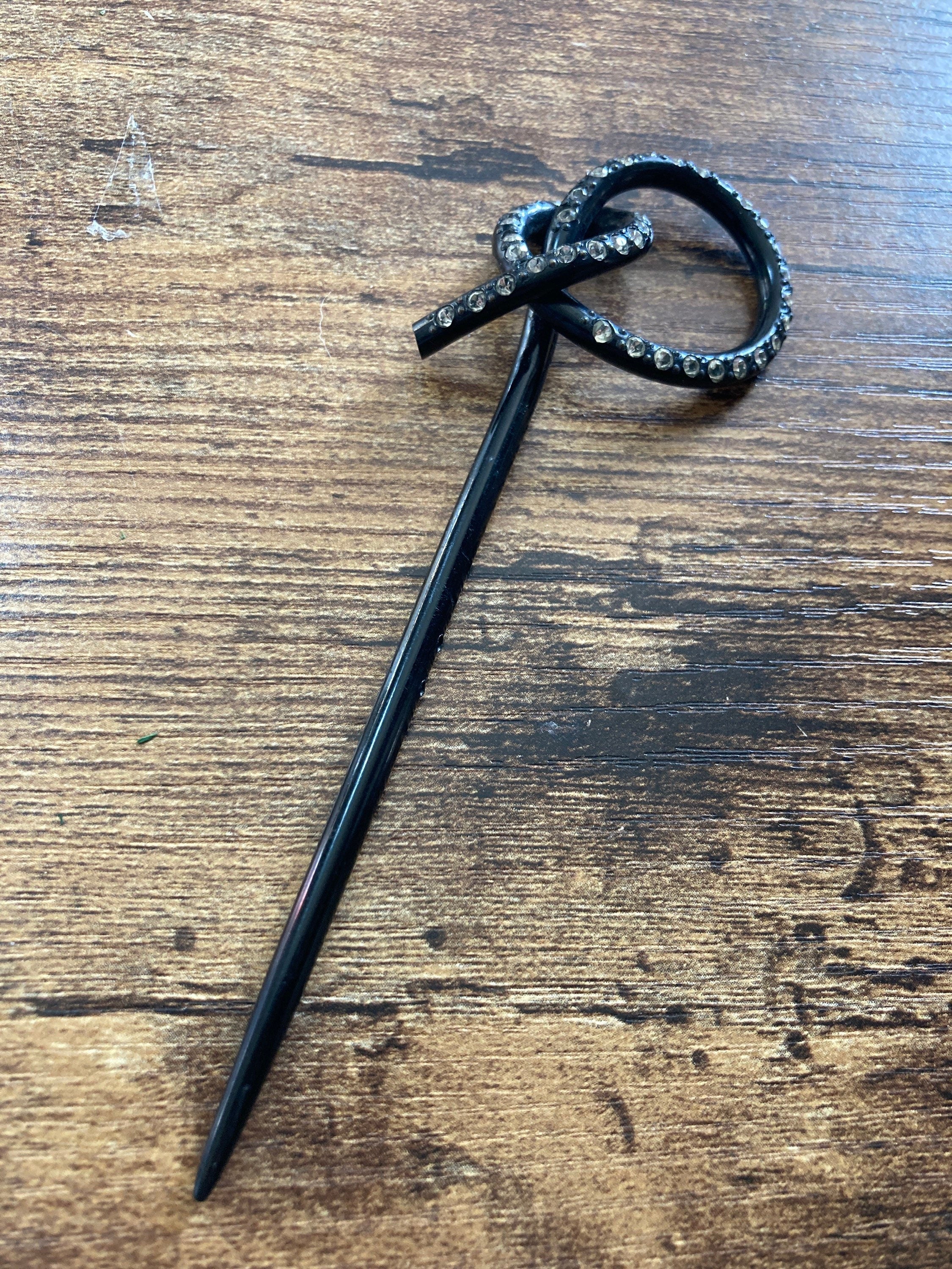 Art Deco Rhinestone Hat Pin: Black Bakelite Diamante Paste
