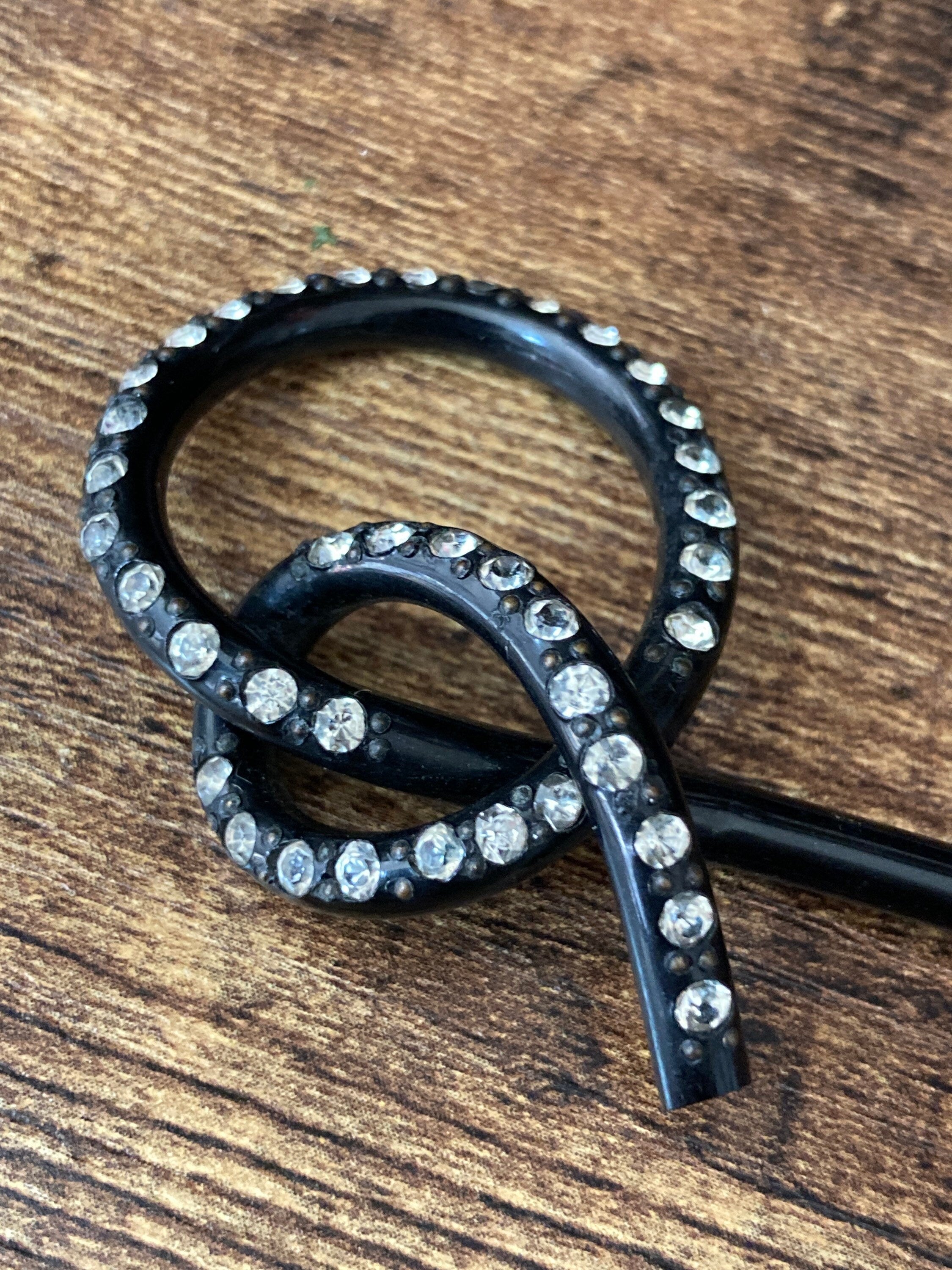 Art Deco Rhinestone Hat Pin: Black Bakelite Diamante Paste