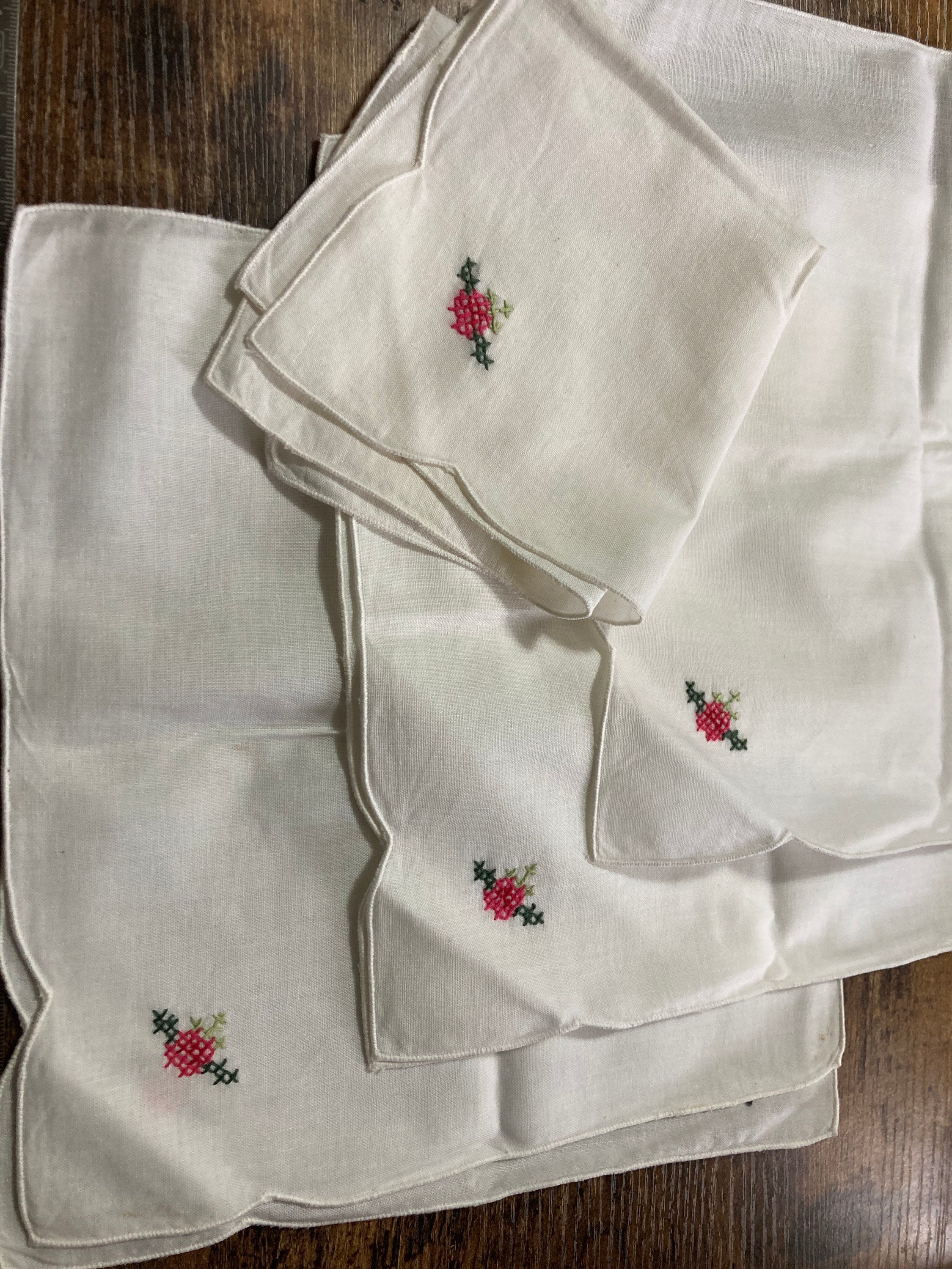 Set 6 white square napkins serviettes embroidered Chinese cross stitch floral 36cm