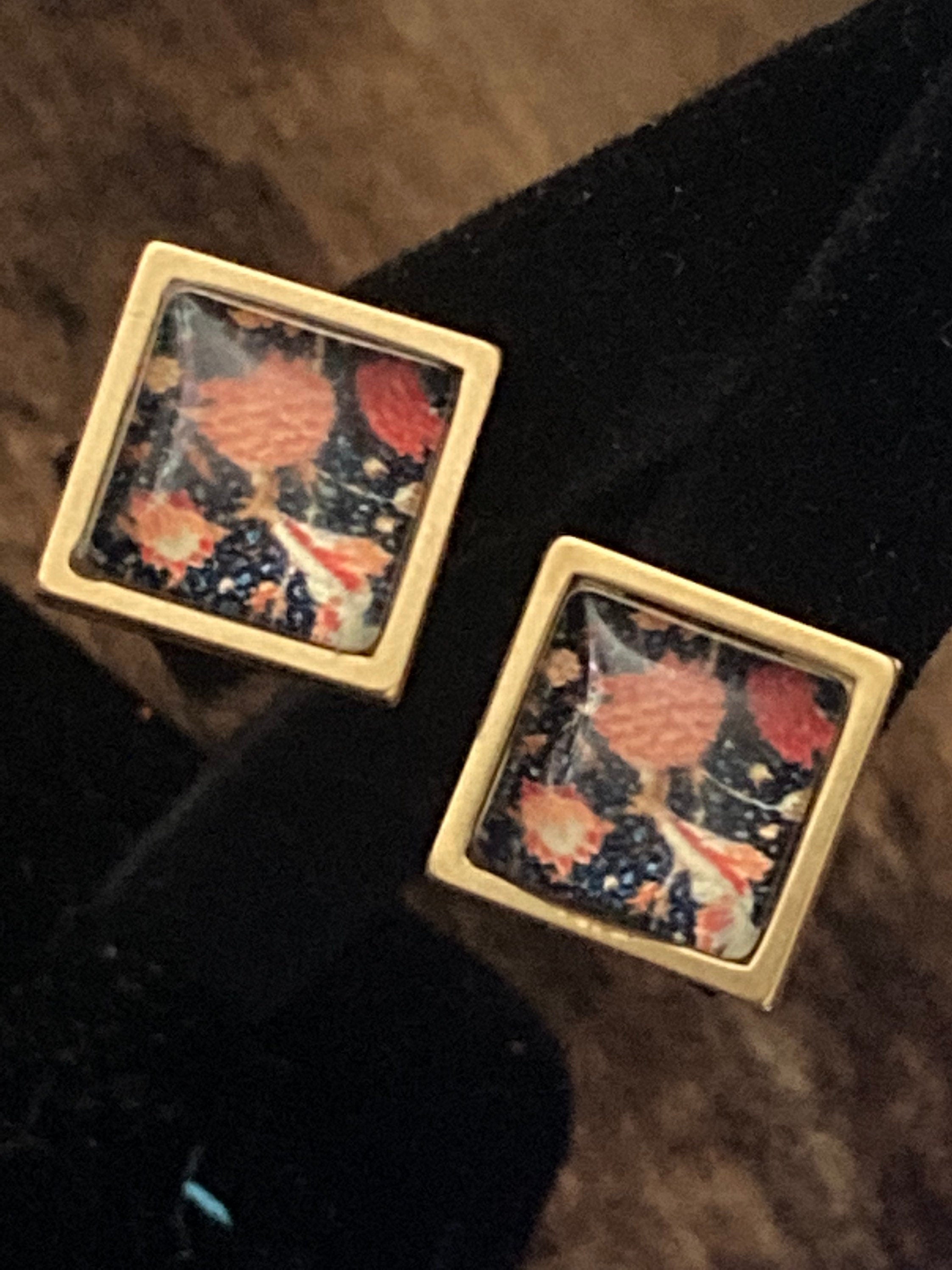 William Morris print floral tile stud earrings Handmade gold tone square glass tile