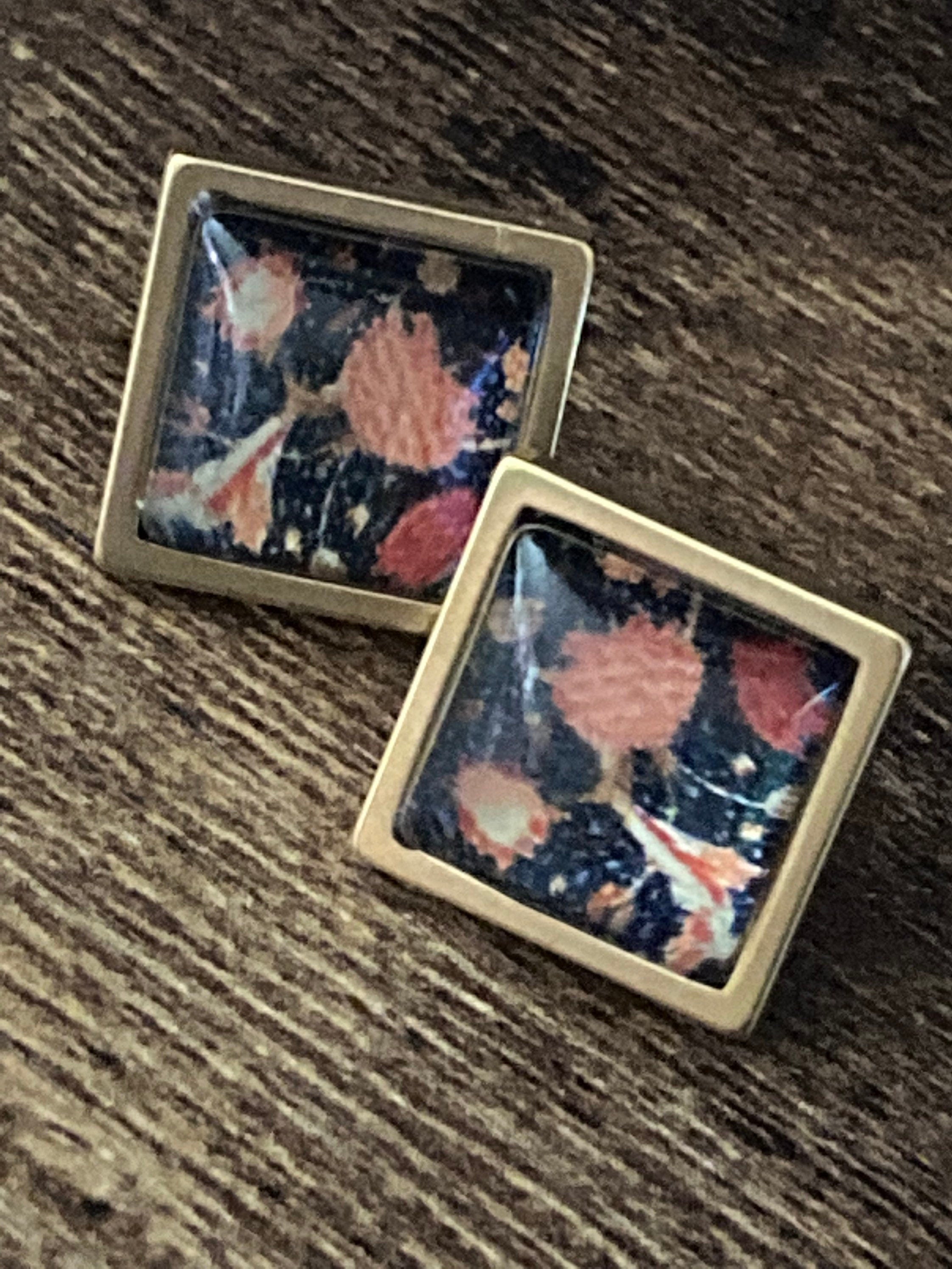 William Morris print floral tile stud earrings Handmade gold tone square glass tile