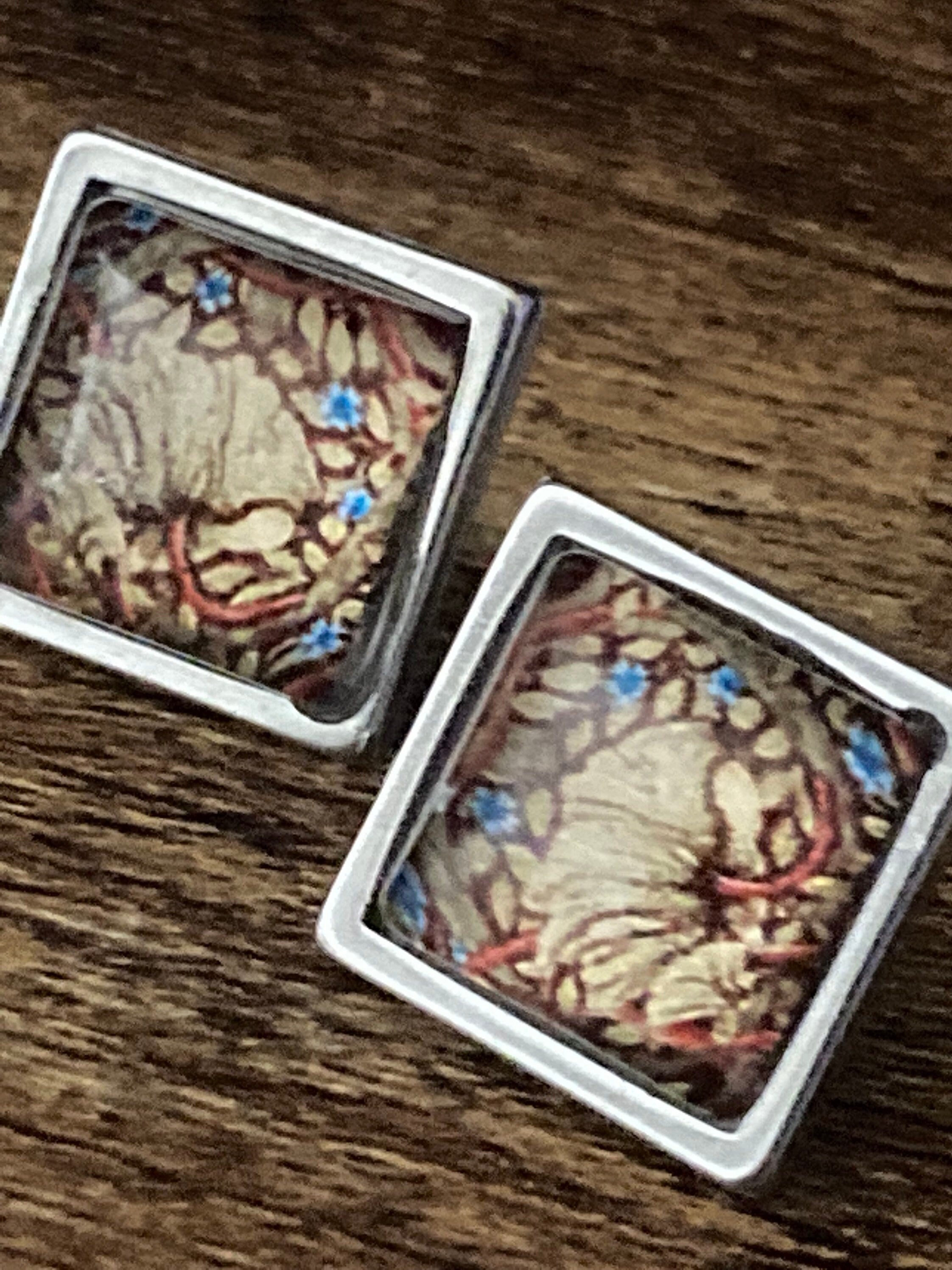 William Morris print glass stud earrings handmade stainless steel 1.5cm square
