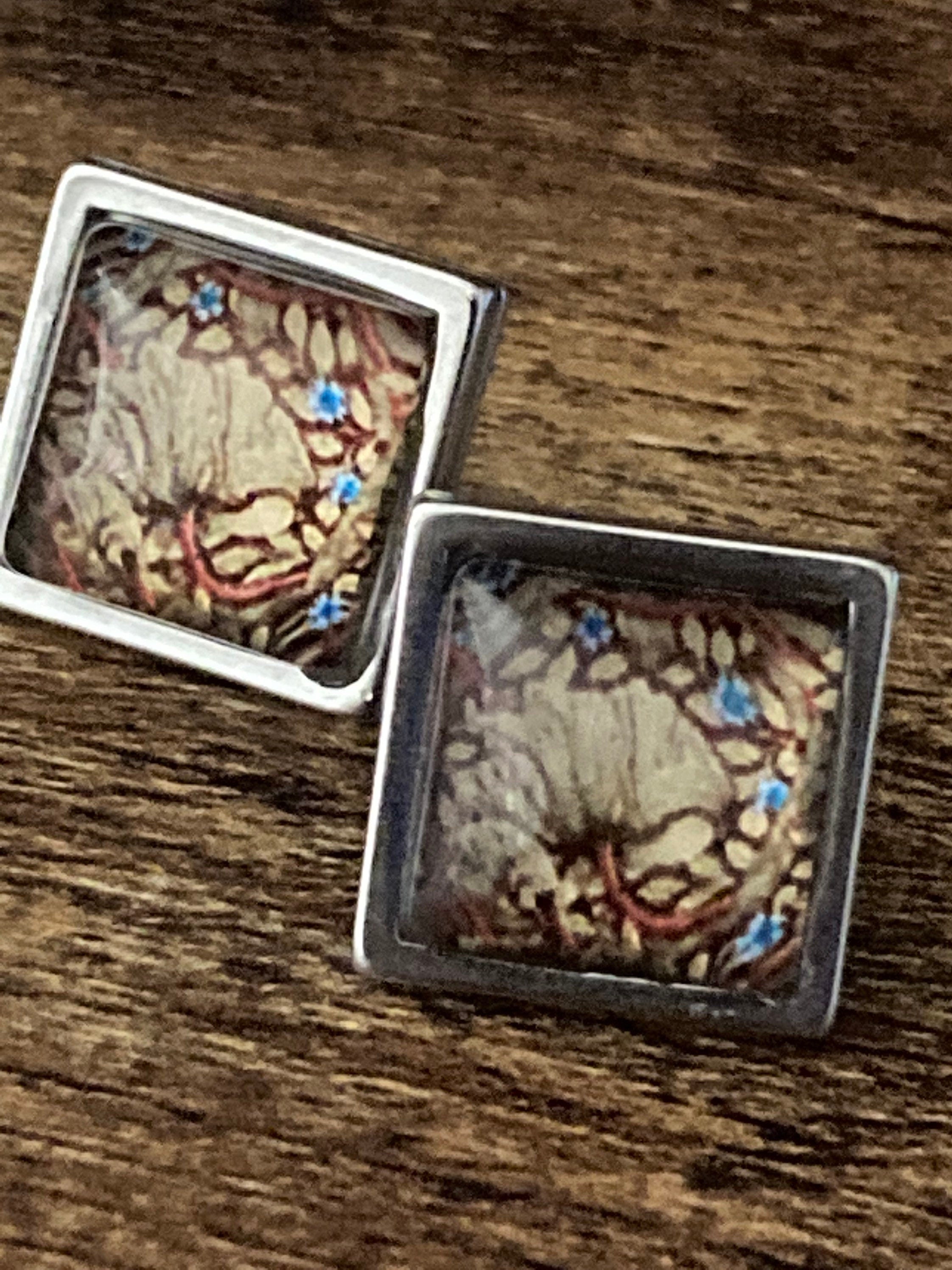 William Morris print glass stud earrings handmade stainless steel 1.5cm square