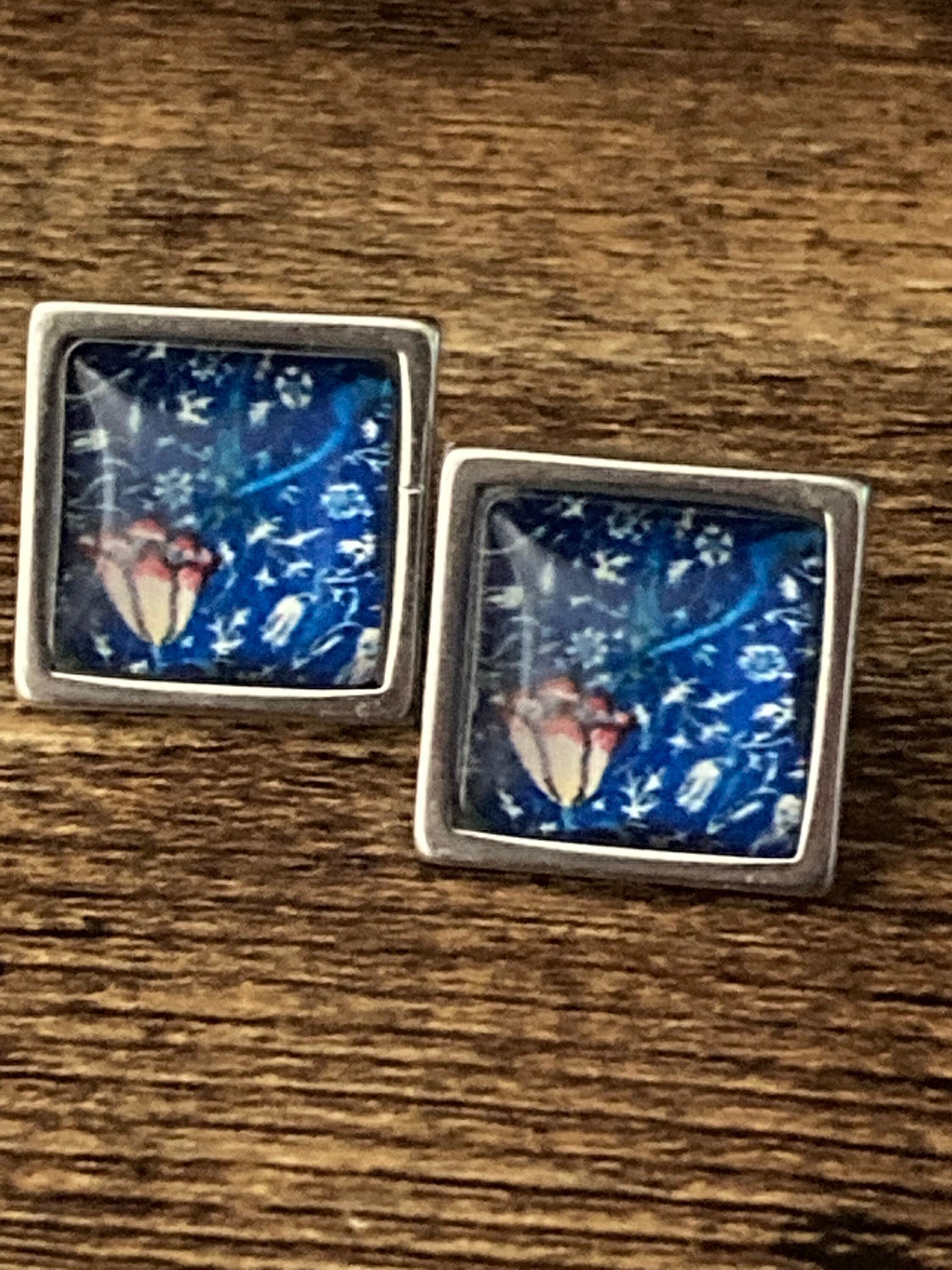 William Morris tulip print glass stud earrings handmade stainless steel 1.5cm square