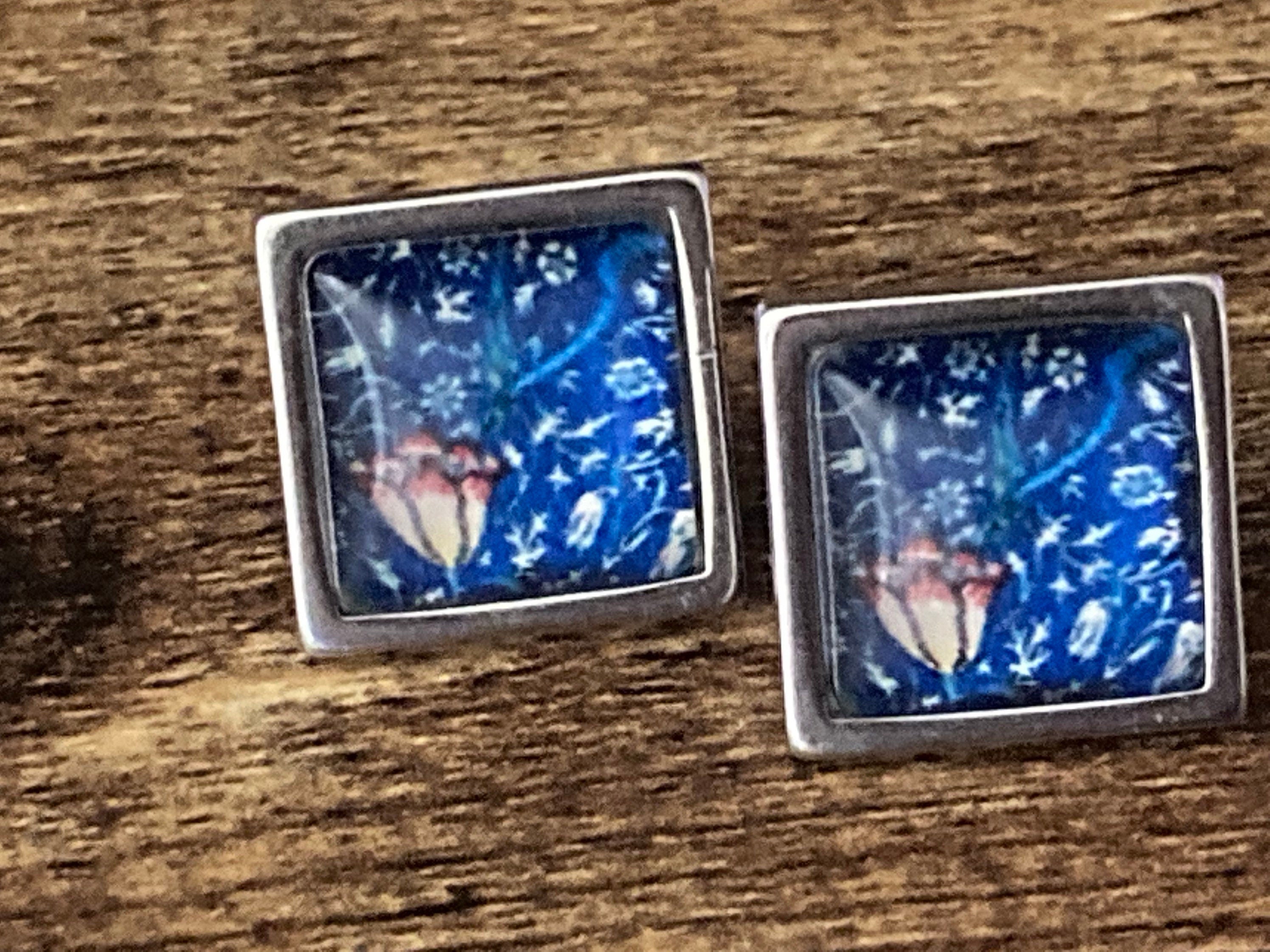 William Morris tulip print glass stud earrings handmade stainless steel 1.5cm square