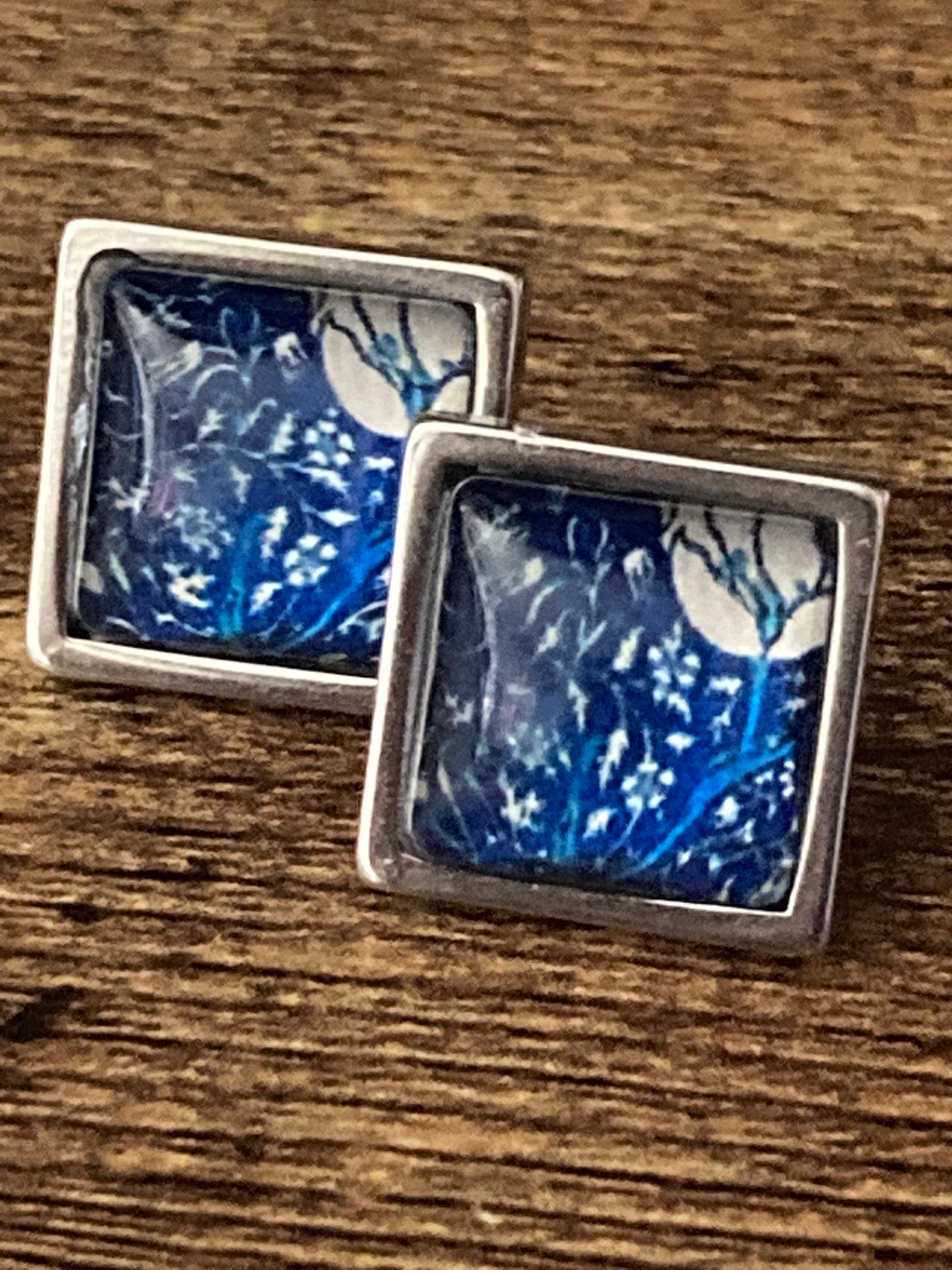 William Morris tulip print glass stud cabochon earrings stainless steel 1.5cm square