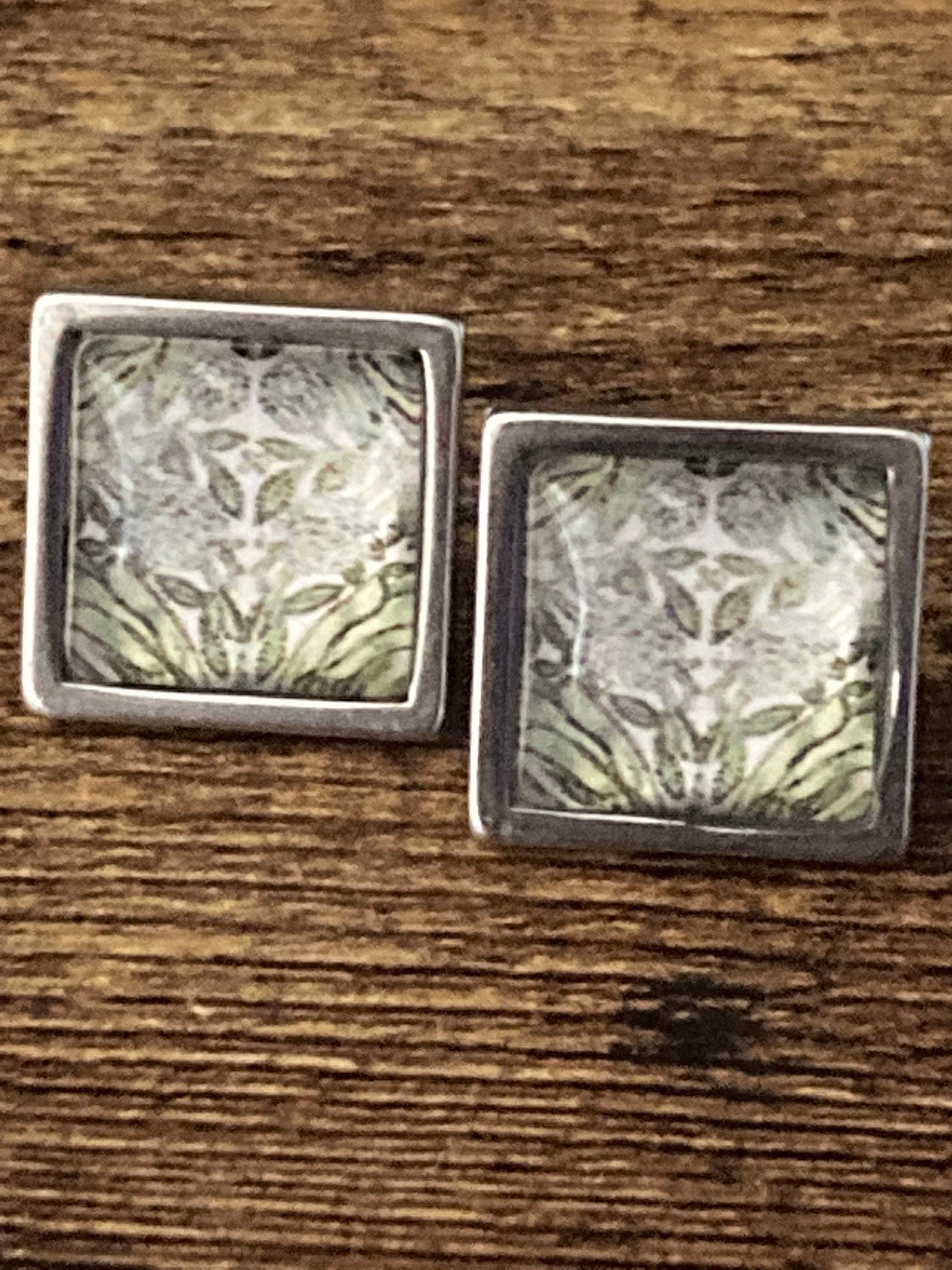 William Morris print glass stud cabochon earrings handmade stainless steel 1.5cm square