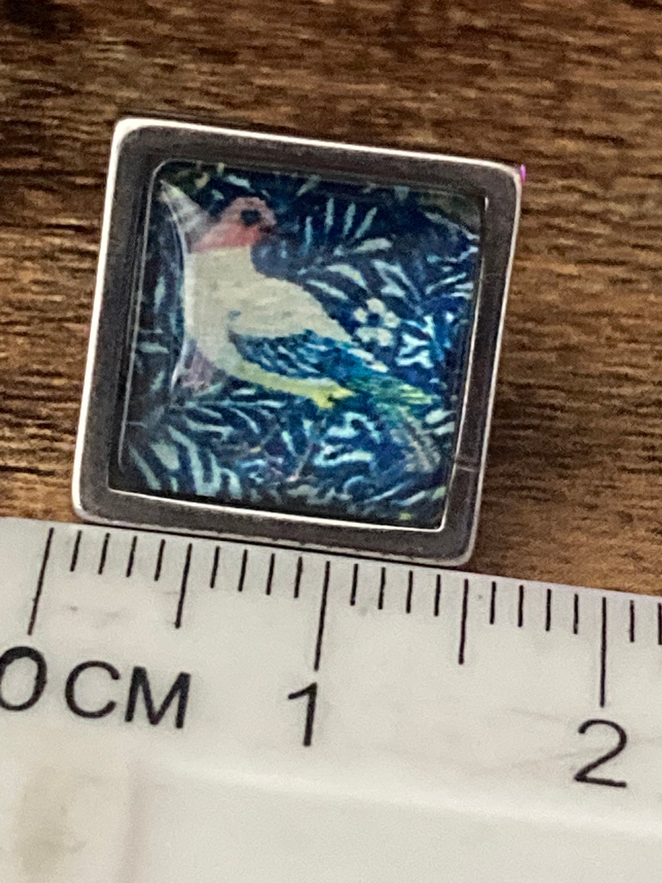 William Morris bird print glass stud cabochon earrings stainless steel 1.5cm square
