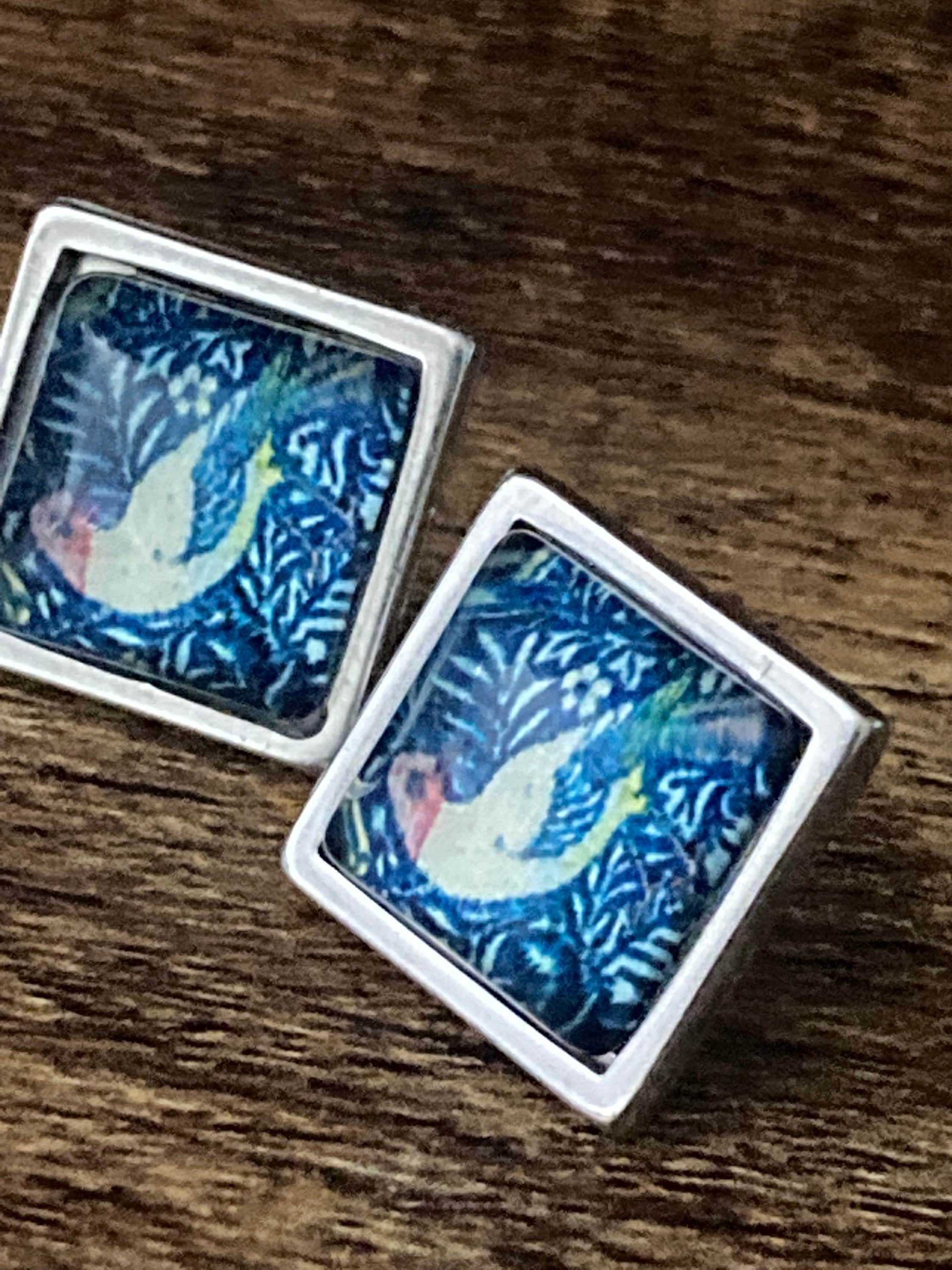 William Morris bird print glass stud cabochon earrings stainless steel 1.5cm square