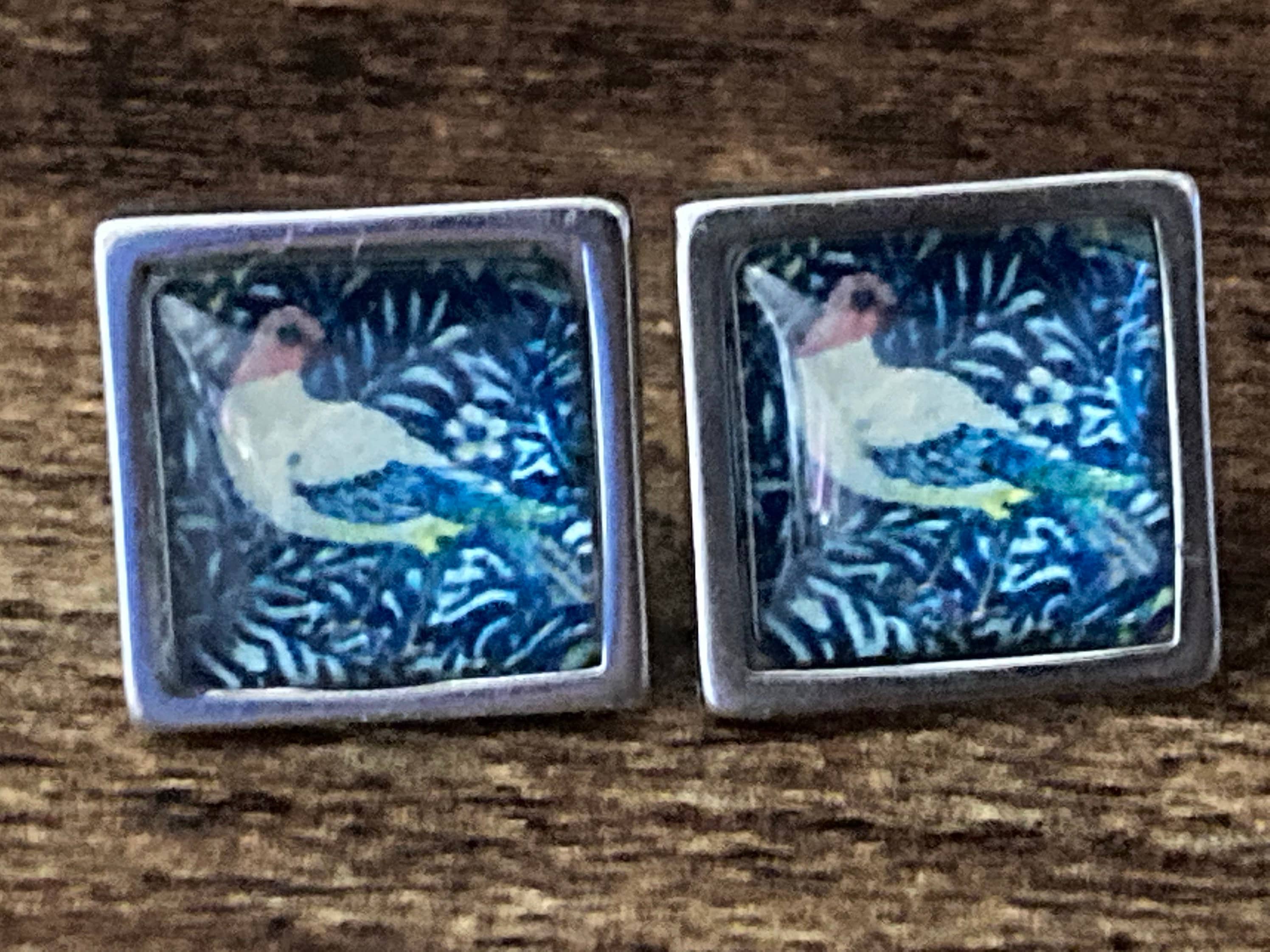 William Morris bird print glass stud cabochon earrings stainless steel 1.5cm square