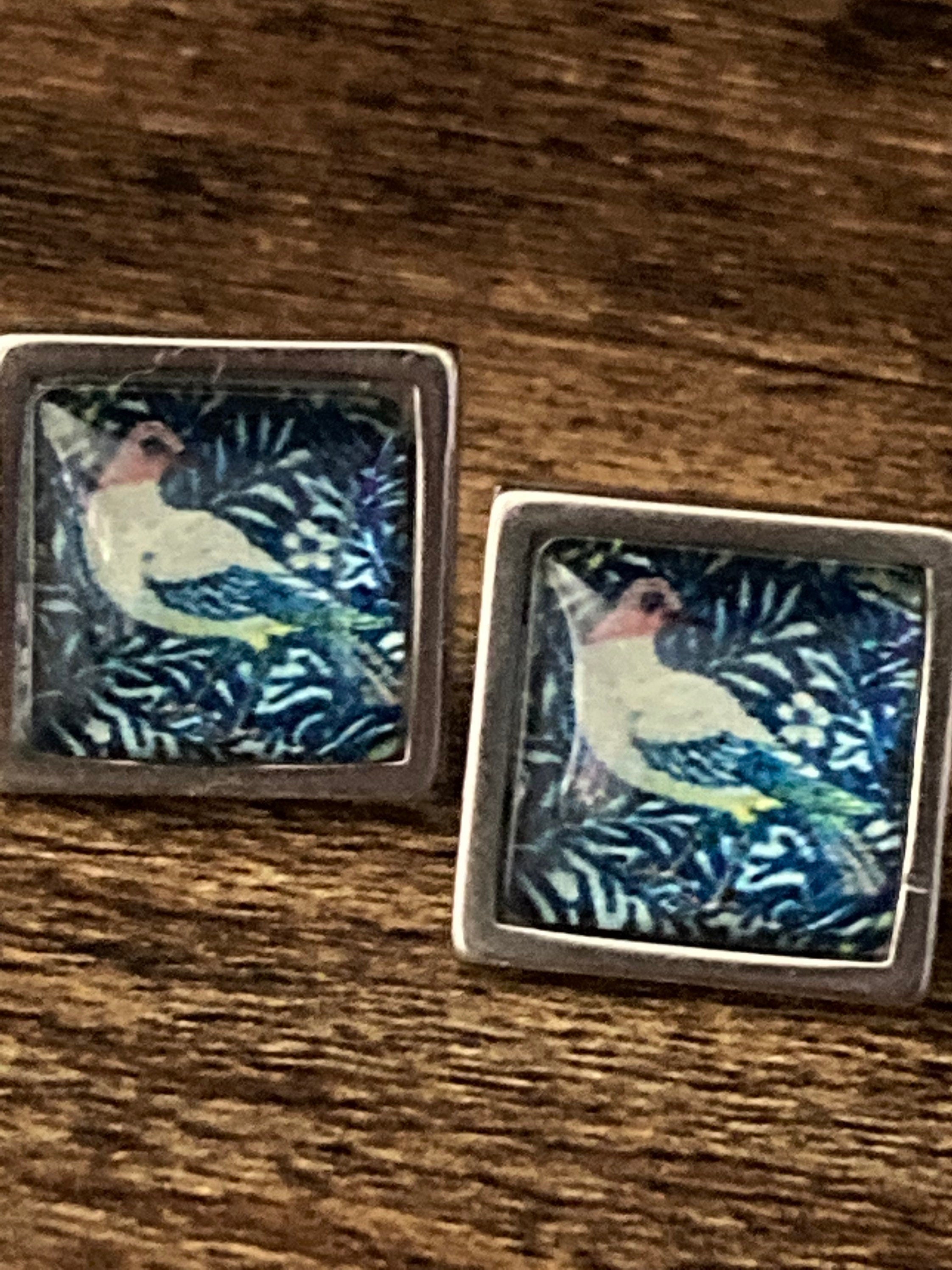 William Morris bird print glass stud cabochon earrings stainless steel 1.5cm square