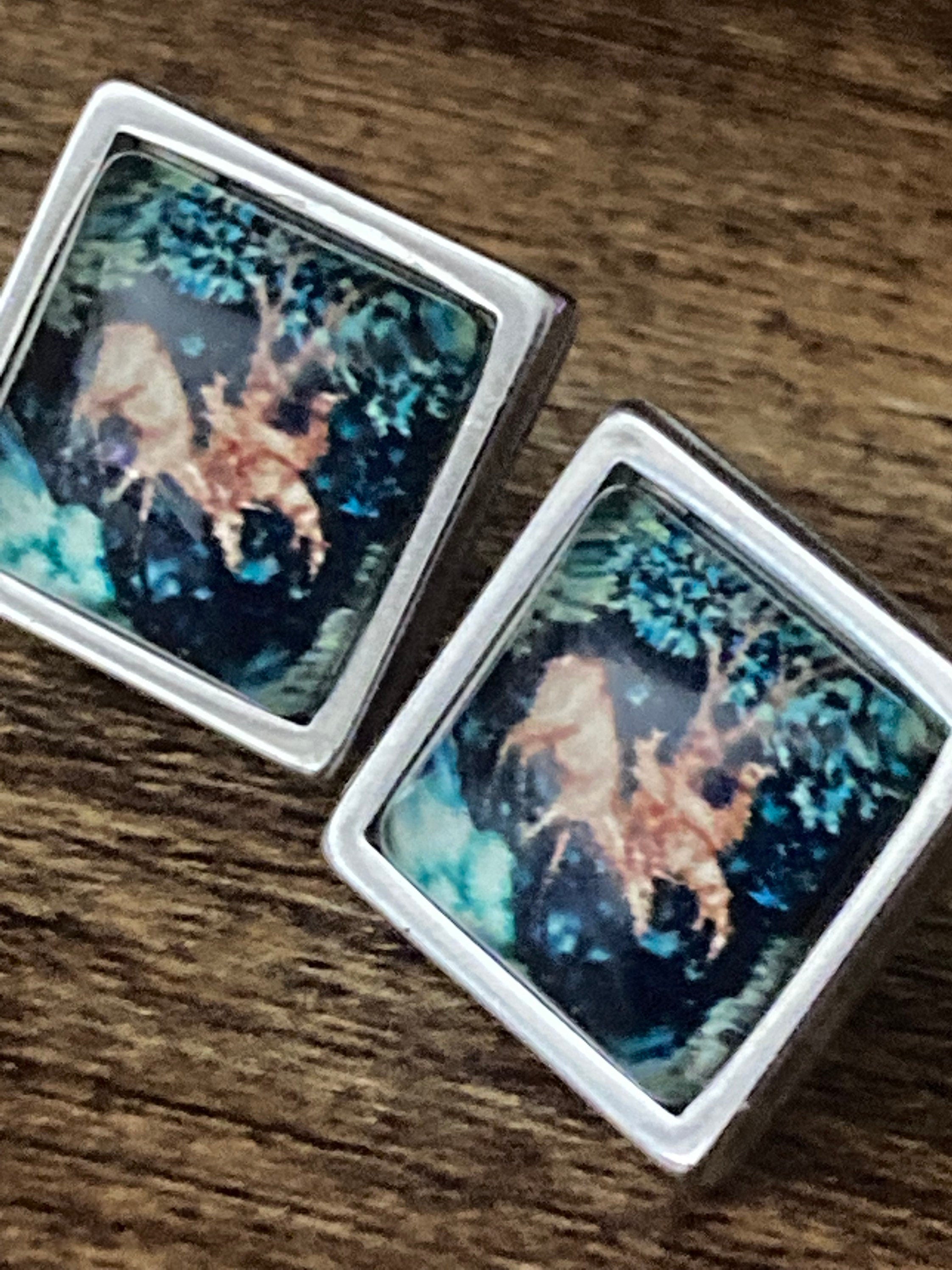 William Morris print glass stud cabochon earrings handmade woodland deer stainless steel 1.5cm square