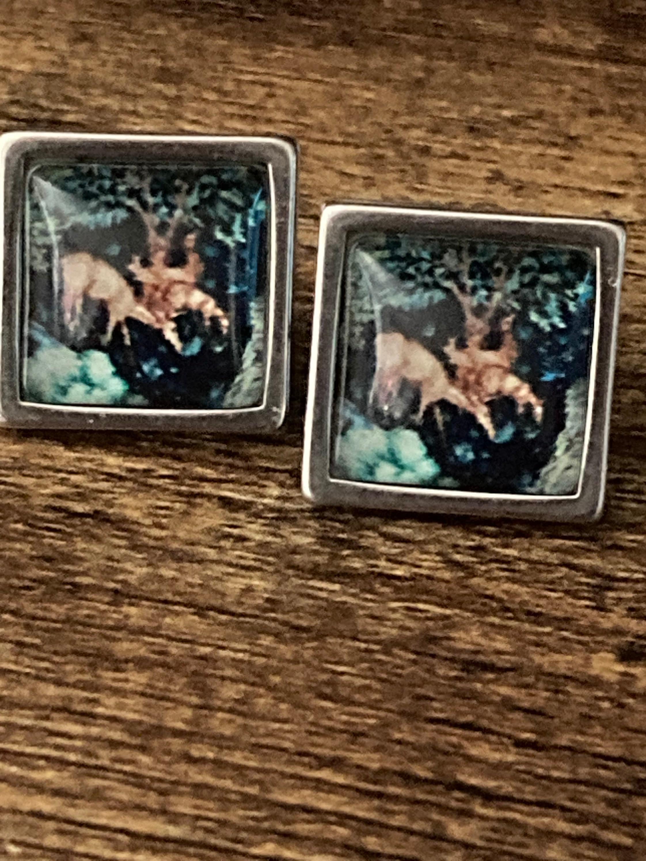 William Morris print glass stud cabochon earrings handmade woodland deer stainless steel 1.5cm square