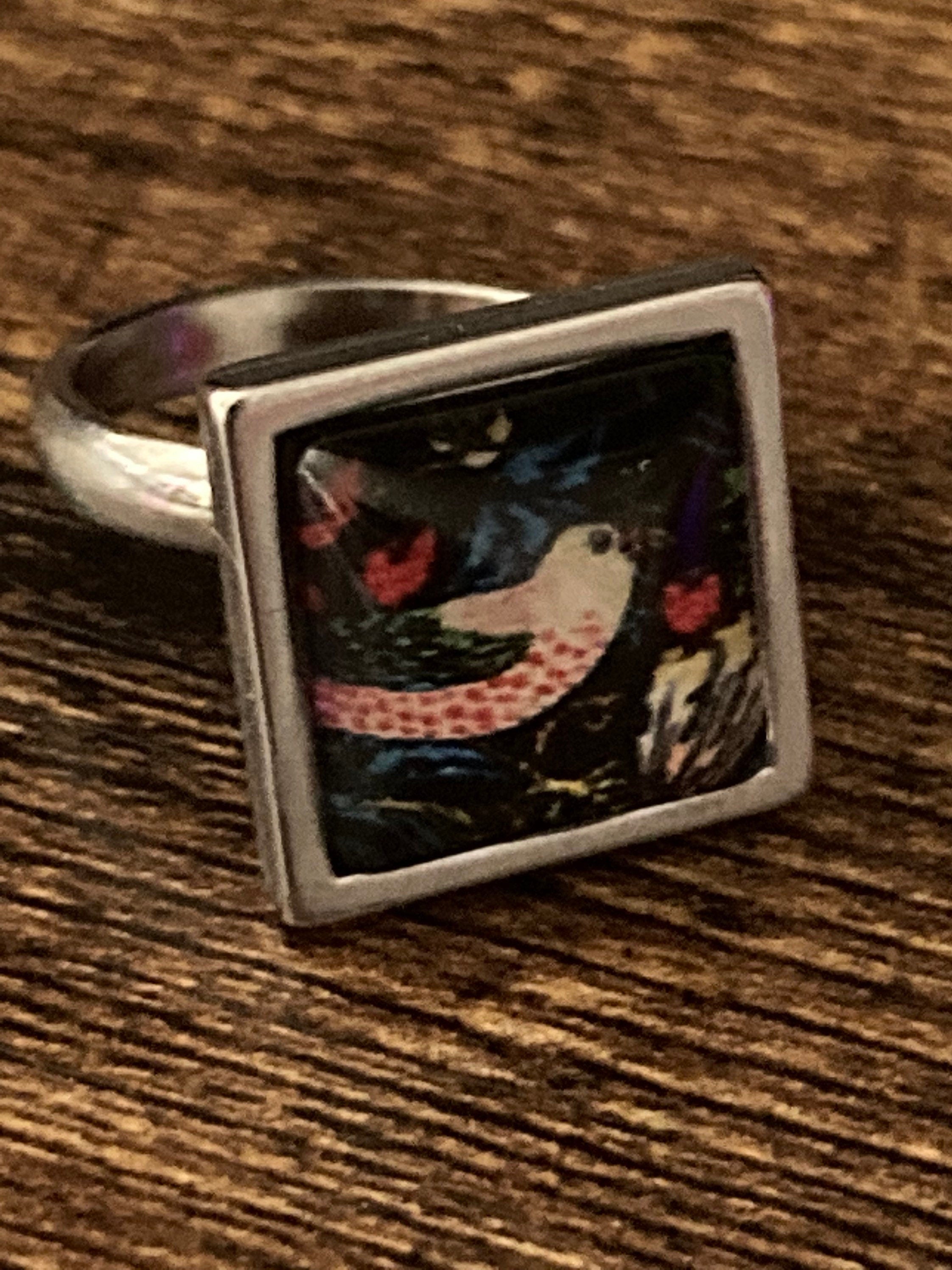Strawberry thief ring stainless steel art nouveau glass cabochon adjustable