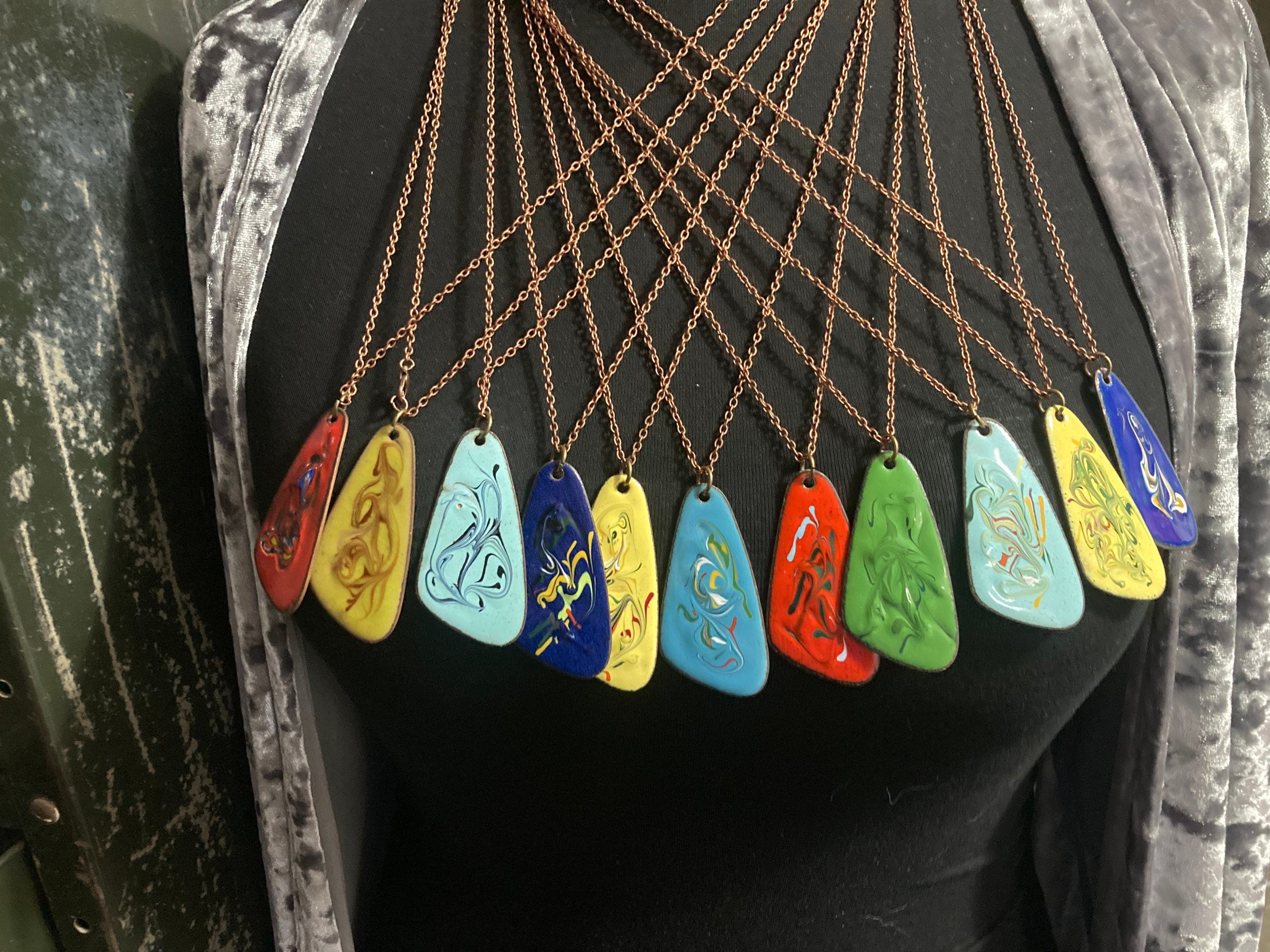 1970s Red Enamel Pendant Necklace: Copper Tone Chain