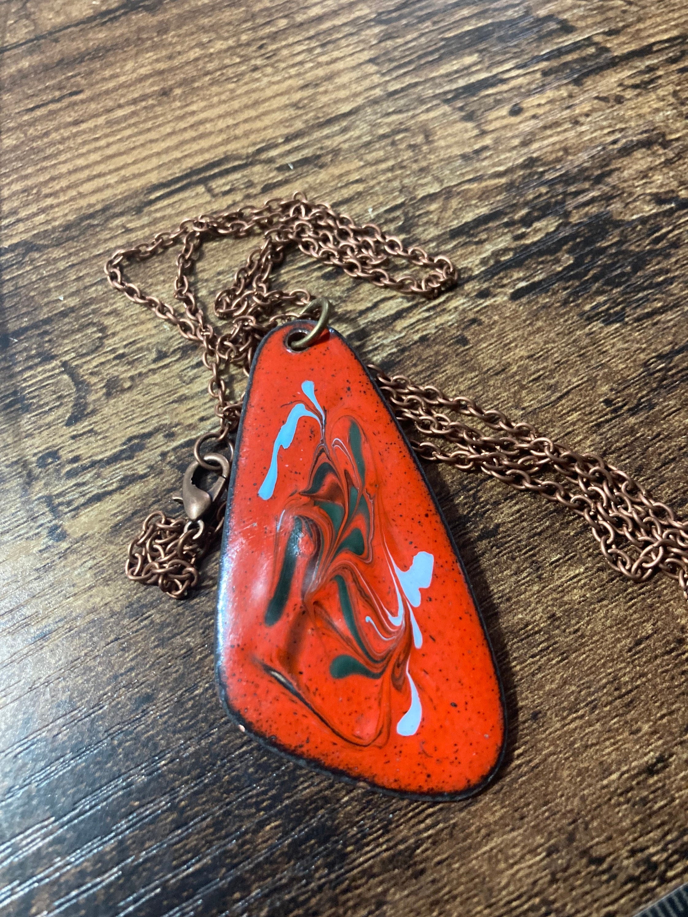 1970s Red Enamel Pendant Necklace: Copper Tone Chain