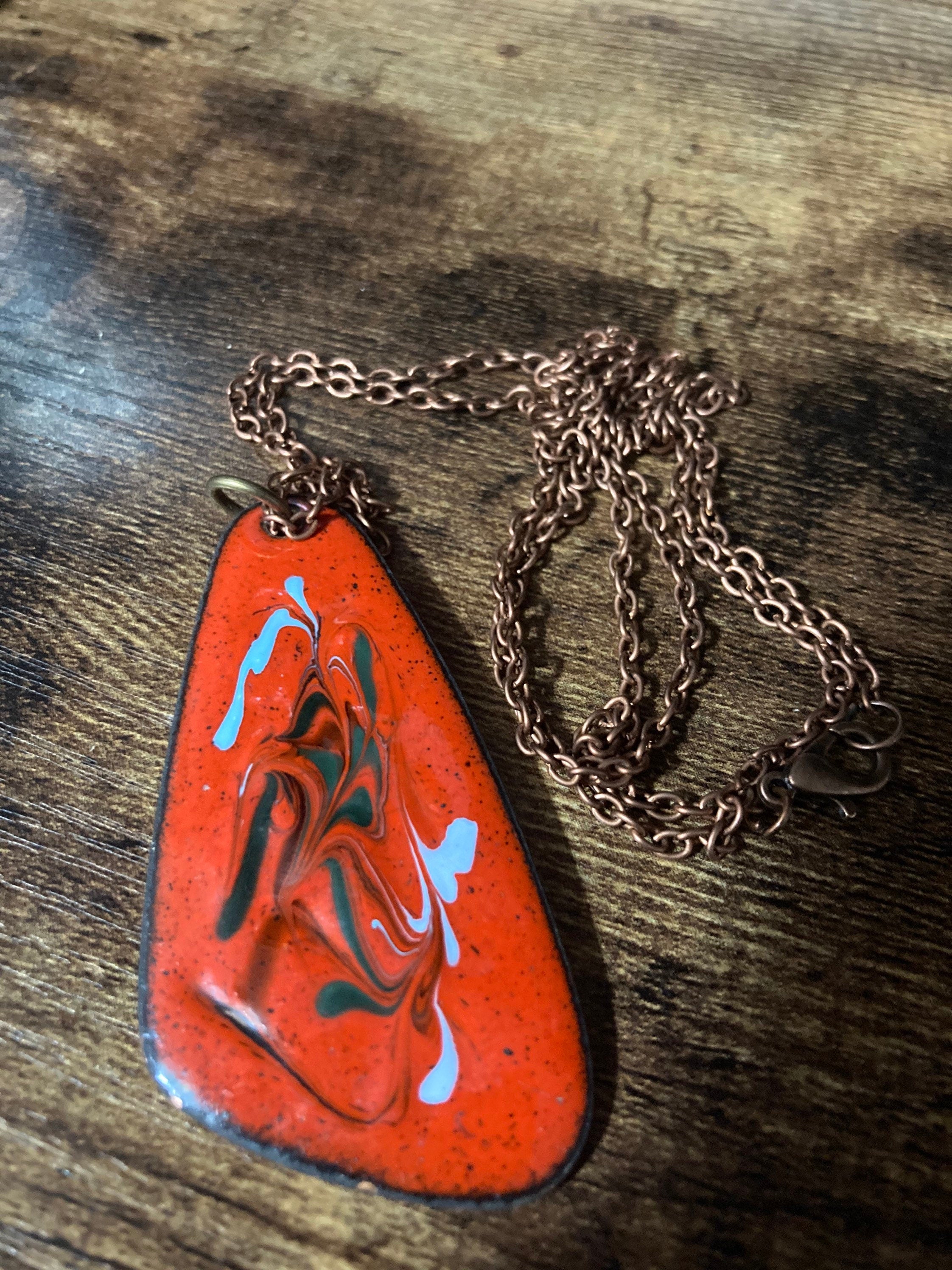 1970s Red Enamel Pendant Necklace: Copper Tone Chain