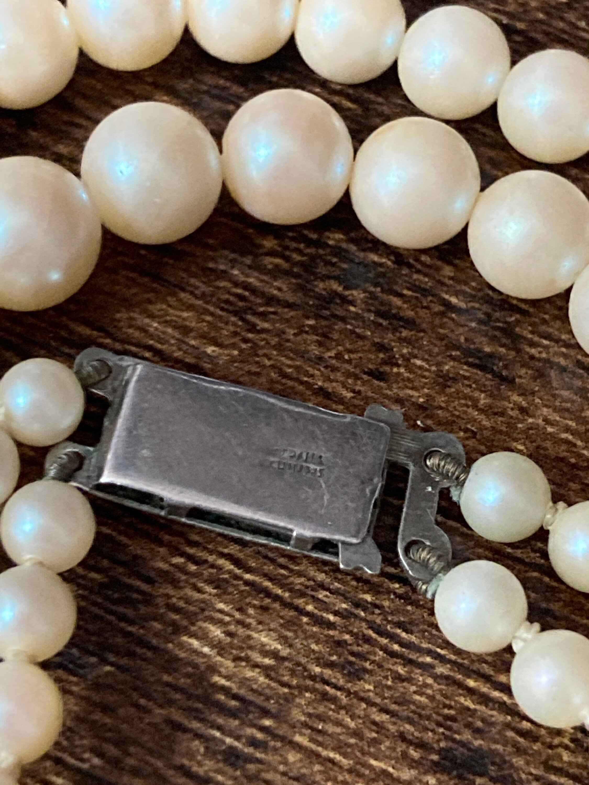 vintage 2 row cream glass pearl necklace with ornate 925 sterling silver clasp 43cm