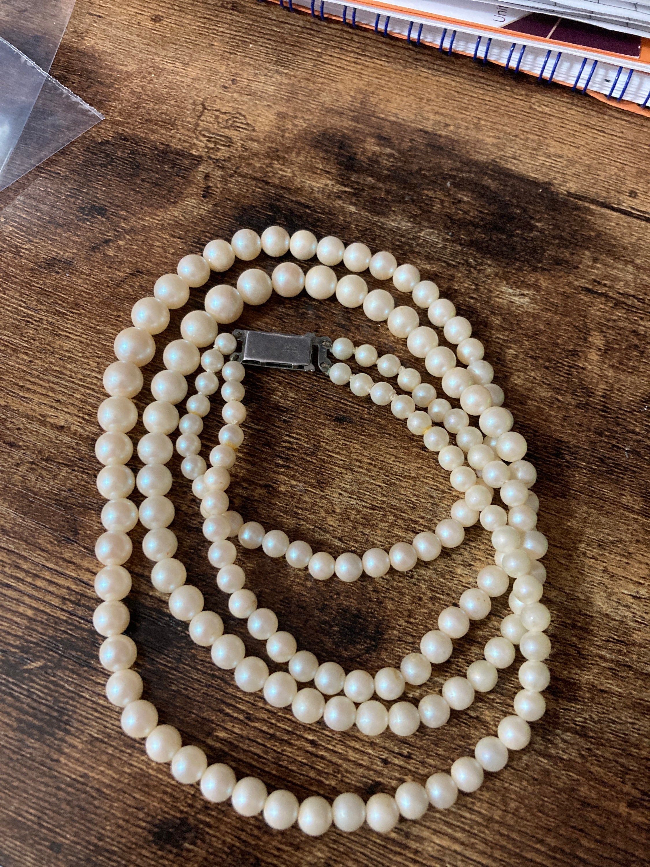 vintage 2 row cream glass pearl necklace with ornate 925 sterling silver clasp 43cm