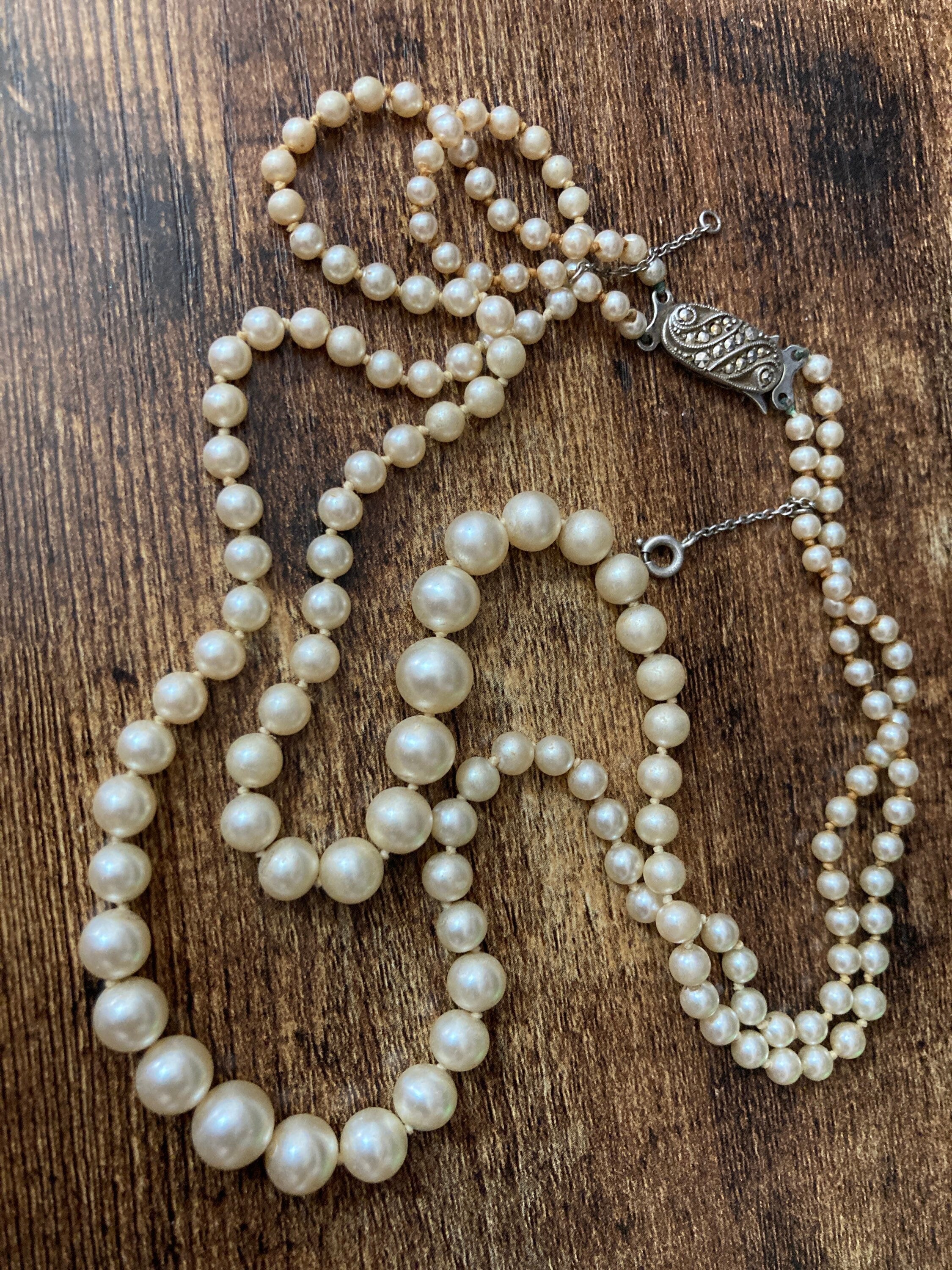 vintage 2 row cream glass pearl necklace 925 sterling silver clasp 41cm