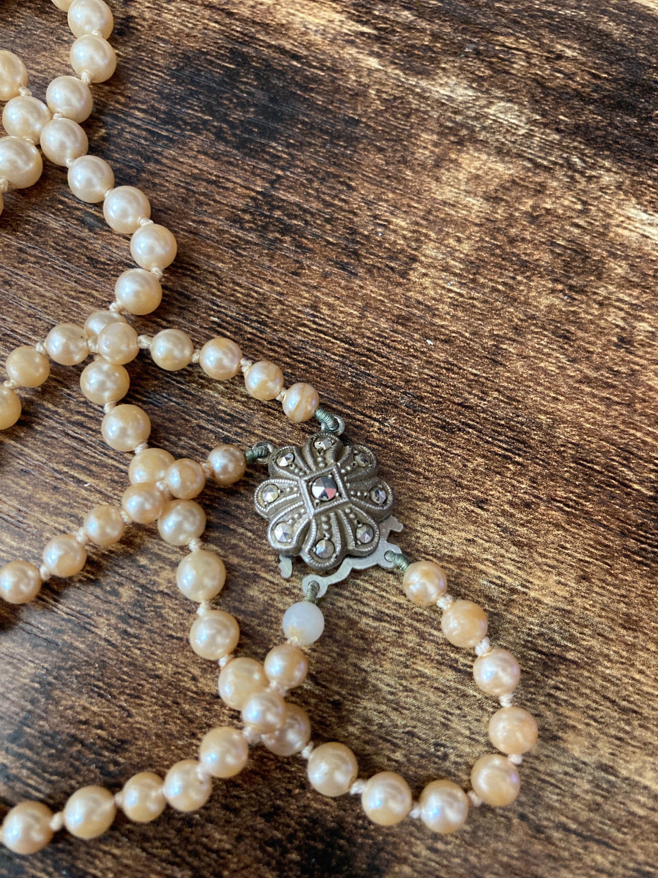 Vintage Cream Glass Pearl Necklace: Sterling Silver Clasp, Bridal Jewelry