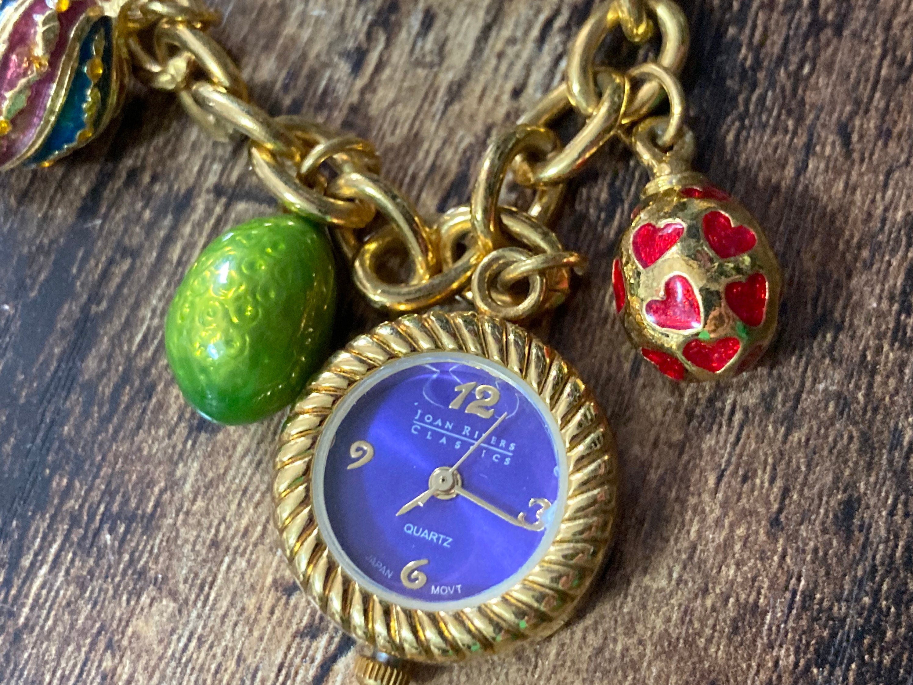 Signed Joan rivers faberge style enamelled jewelled egg charm watch bracelet 20cm