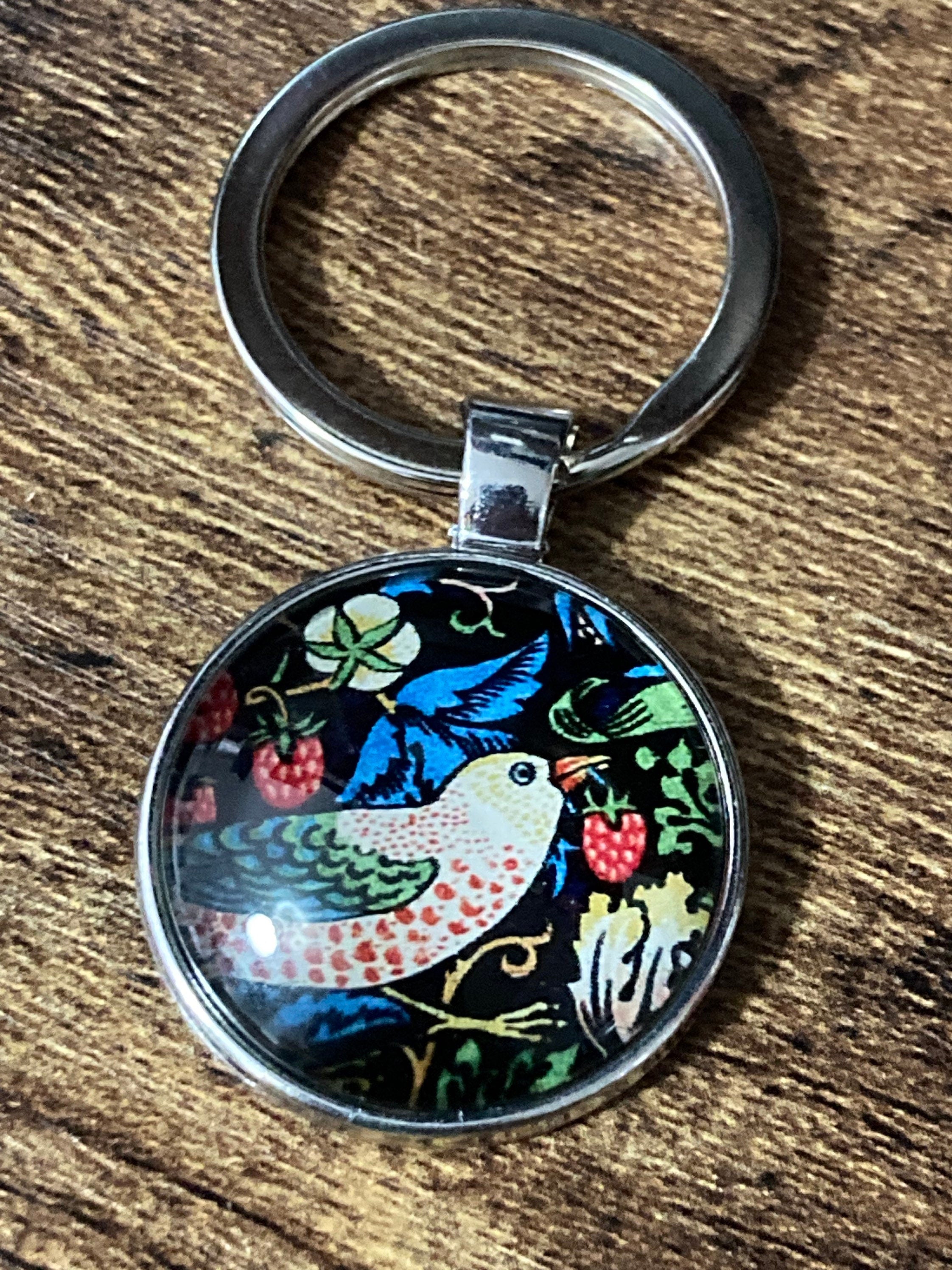 William Morris strawberry thief glass keyring silver tone