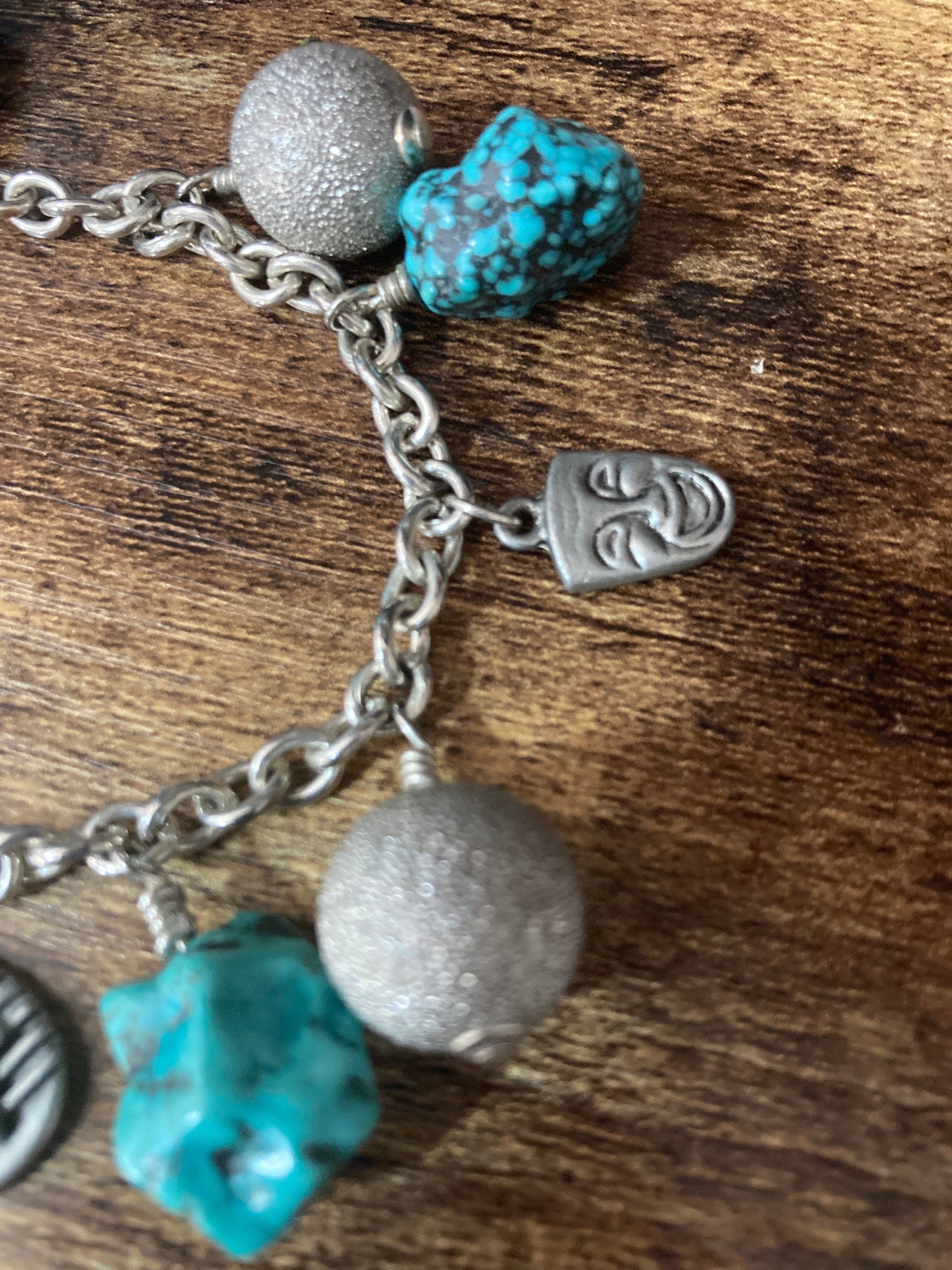 retro charm bracelet silver tone turquoise blue gemstones musical notes acting actor themed 20cm