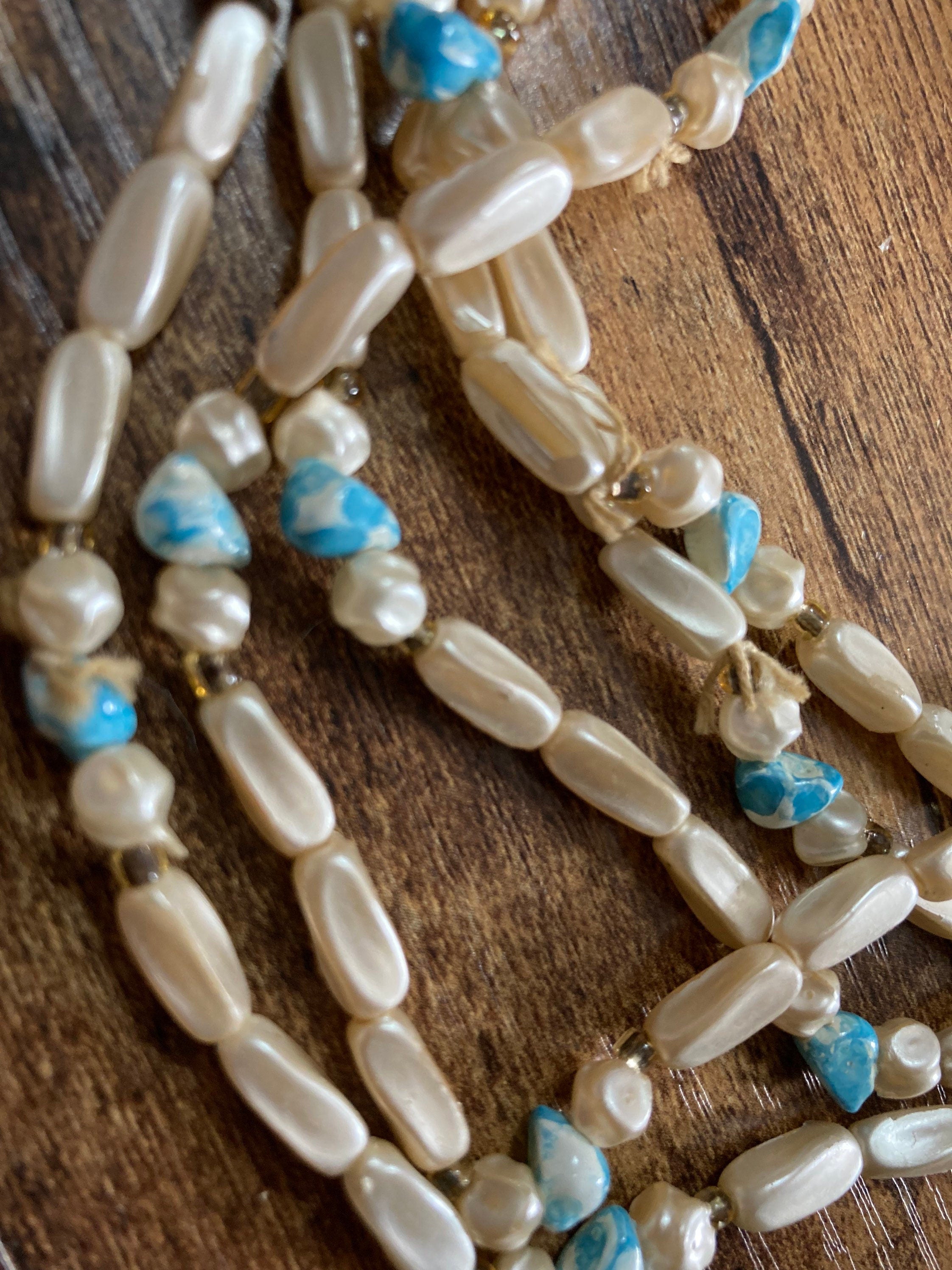AF Signed HONG KONG Vintage necklace 1960s multi strand blue cream plastic pearl beaded wide collar