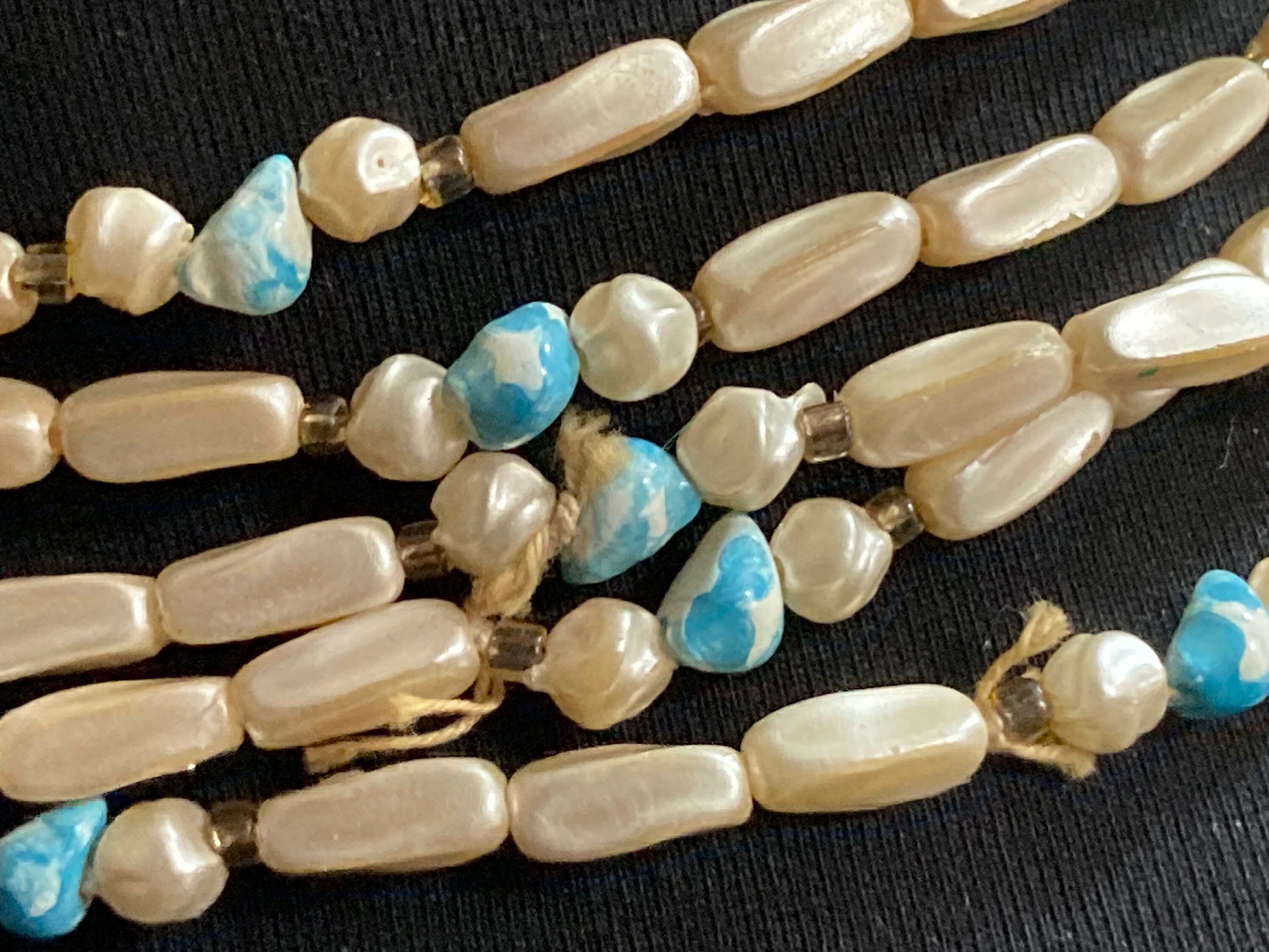AF Signed HONG KONG Vintage necklace 1960s multi strand blue cream plastic pearl beaded wide collar
